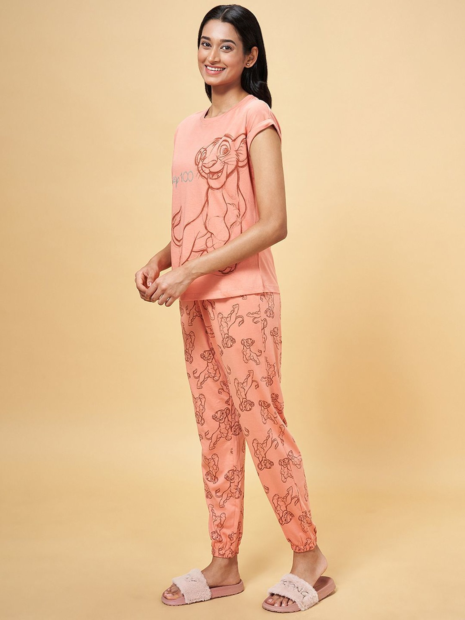 Dreamz by Pantaloons Peach Cotton Graphic Print T-Shirt Pyjama Set