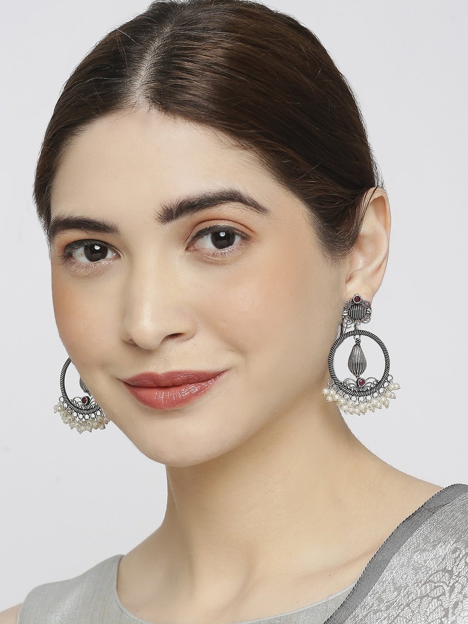 OOMPH Jewellery Oxidized Silver Look Alike Maroon Stone Round Floral Ethnic Dangler