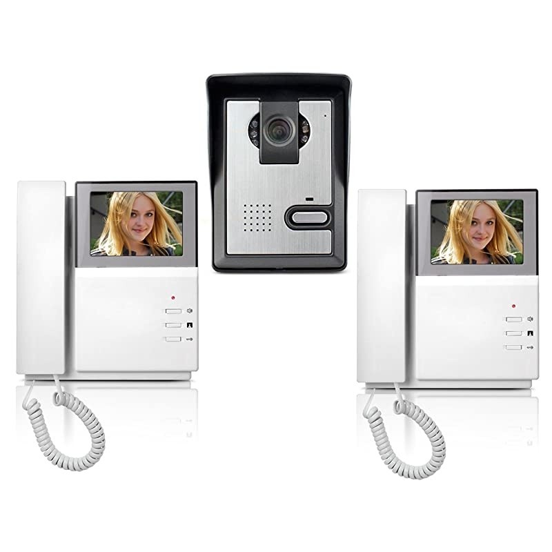 Wired Video Intercom Doorbell System 4.3 Inches Clear LCD 2- Monitor Video Door Phone Bell Kits IR Night Vision Camera Door Bell Intercom Doorphone Telephone style 1V2