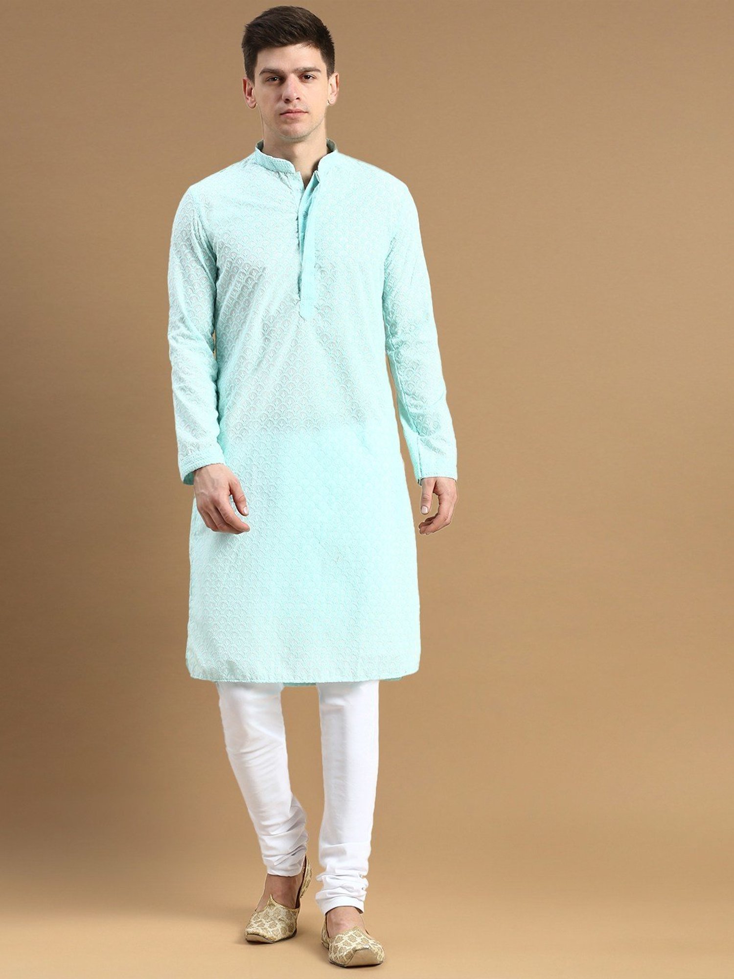 Sanwara Sea Green & White Cotton Regular Fit Chikankari Kurta Bottom Set