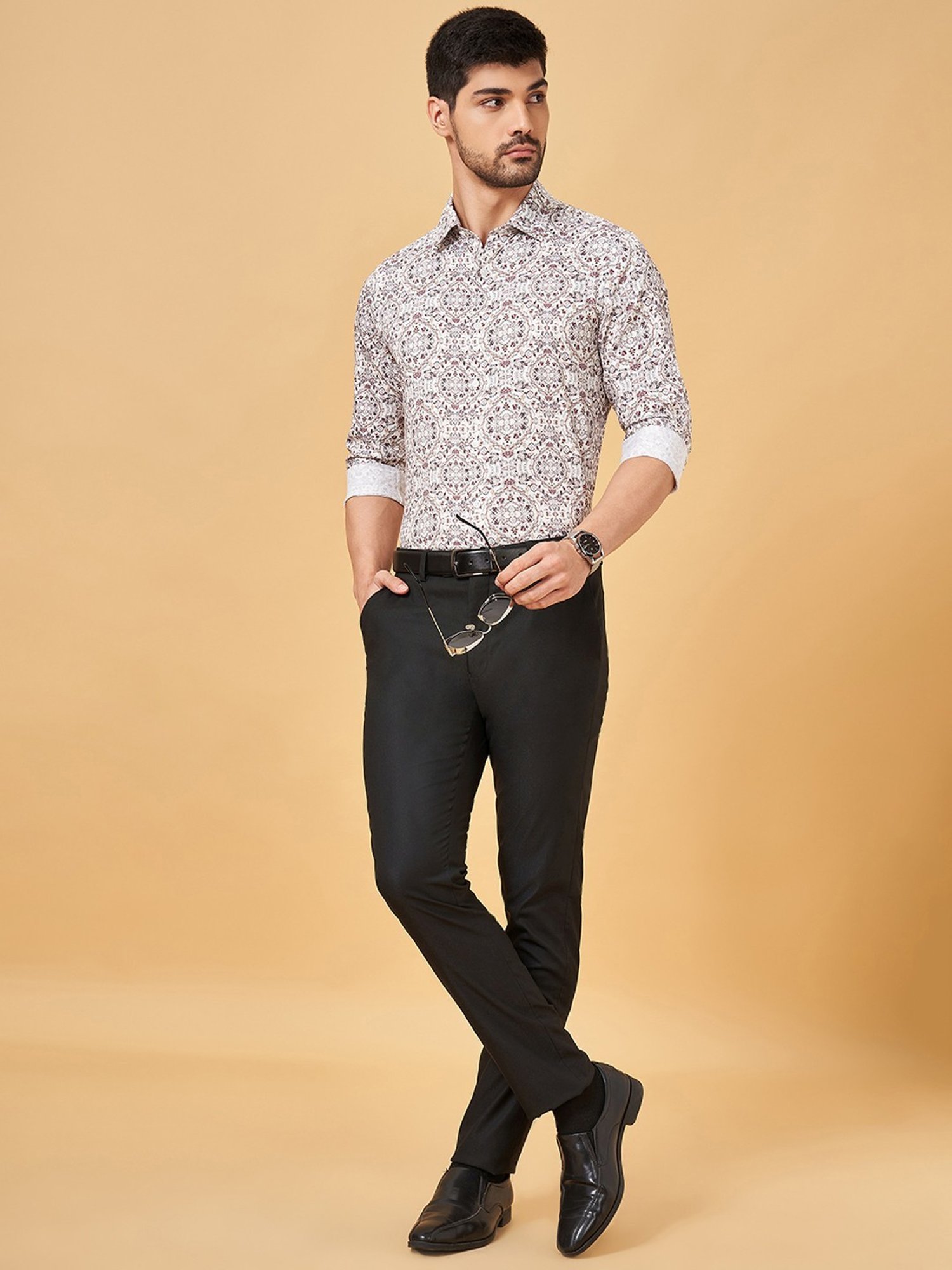 Peregrine By Pantaloons White Slim Fit Printed Shirt