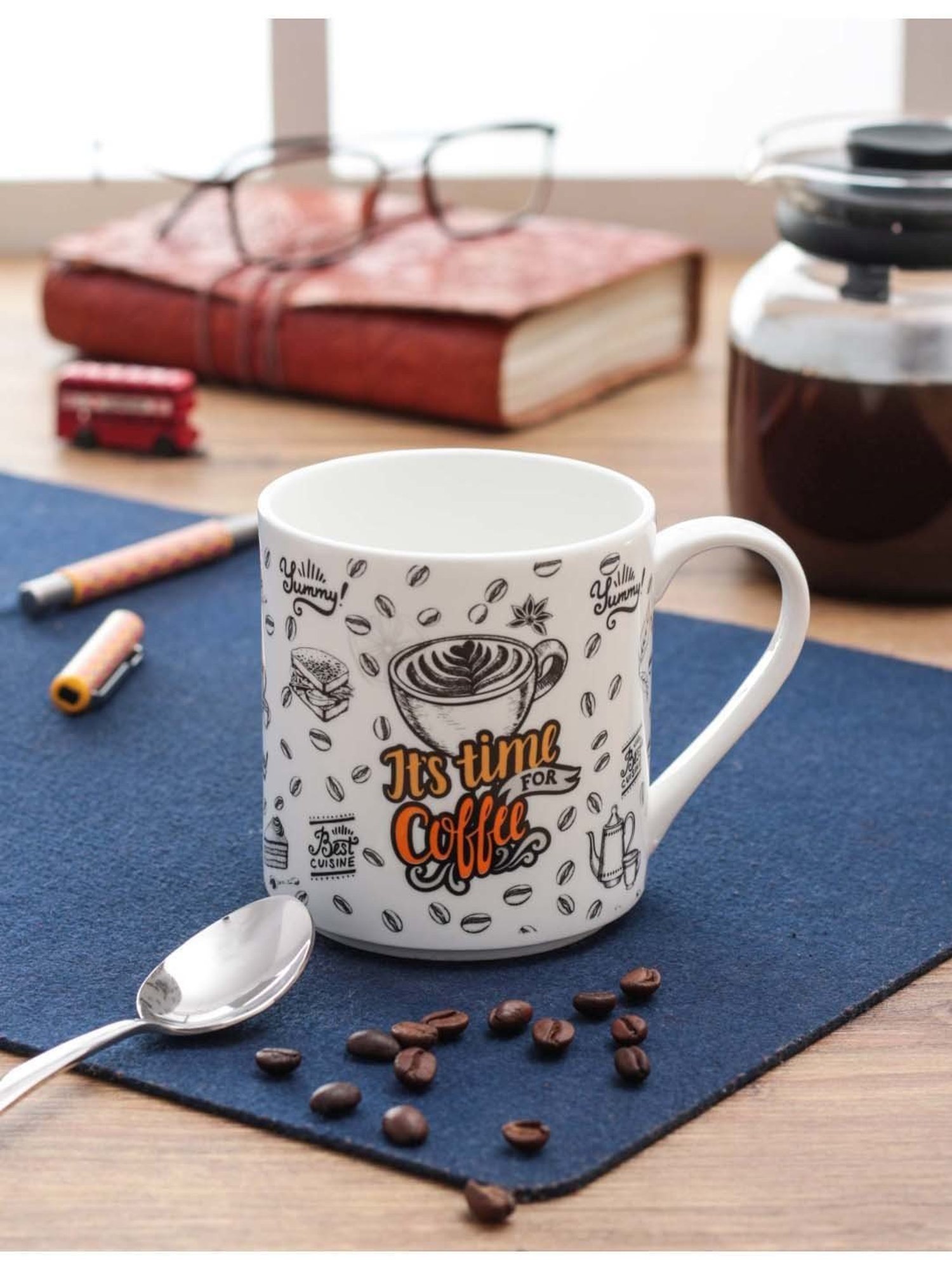 Clay Craft Think Food White Ceramic Coffee Mug (0.35 L) - Set of 1