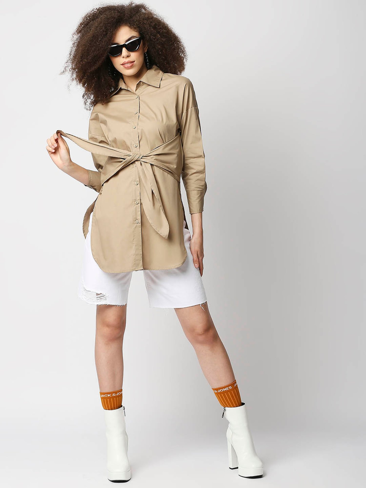 Remanika Beige Regular Fit Longline Shirt