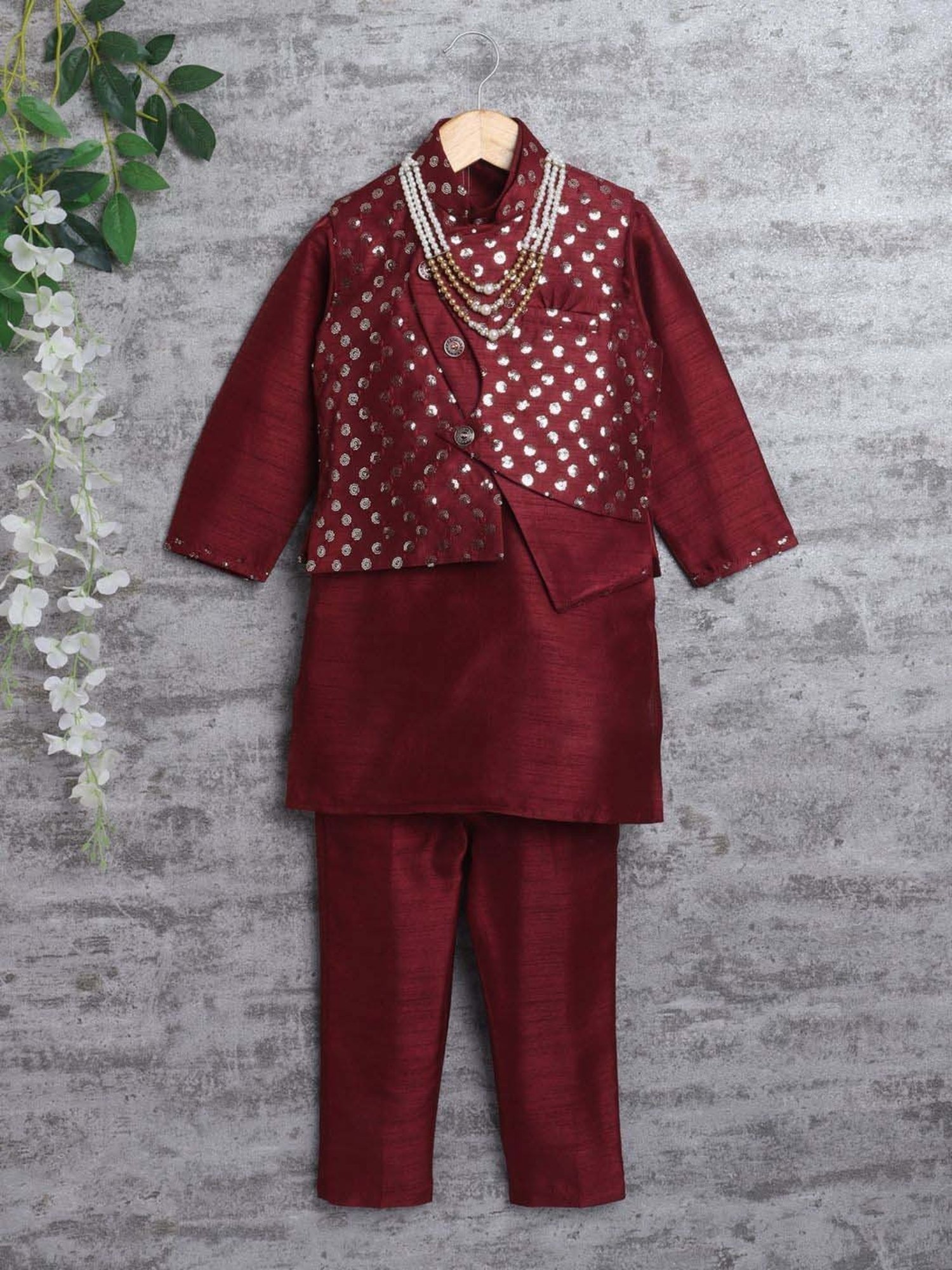 Ahhaaaa Kids Maroon Embellished Full Sleeves Kurta Set