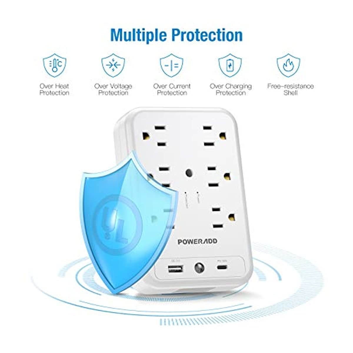 Socket Shelf Wall Outlet, POWERADD 6 Outlet Extender Surge Protector with USB C PD 18W, 1875W 1700J, Multi Plug Outlet with Removable Shelf and Smart Night Light for Bathroom/Home/Dorm