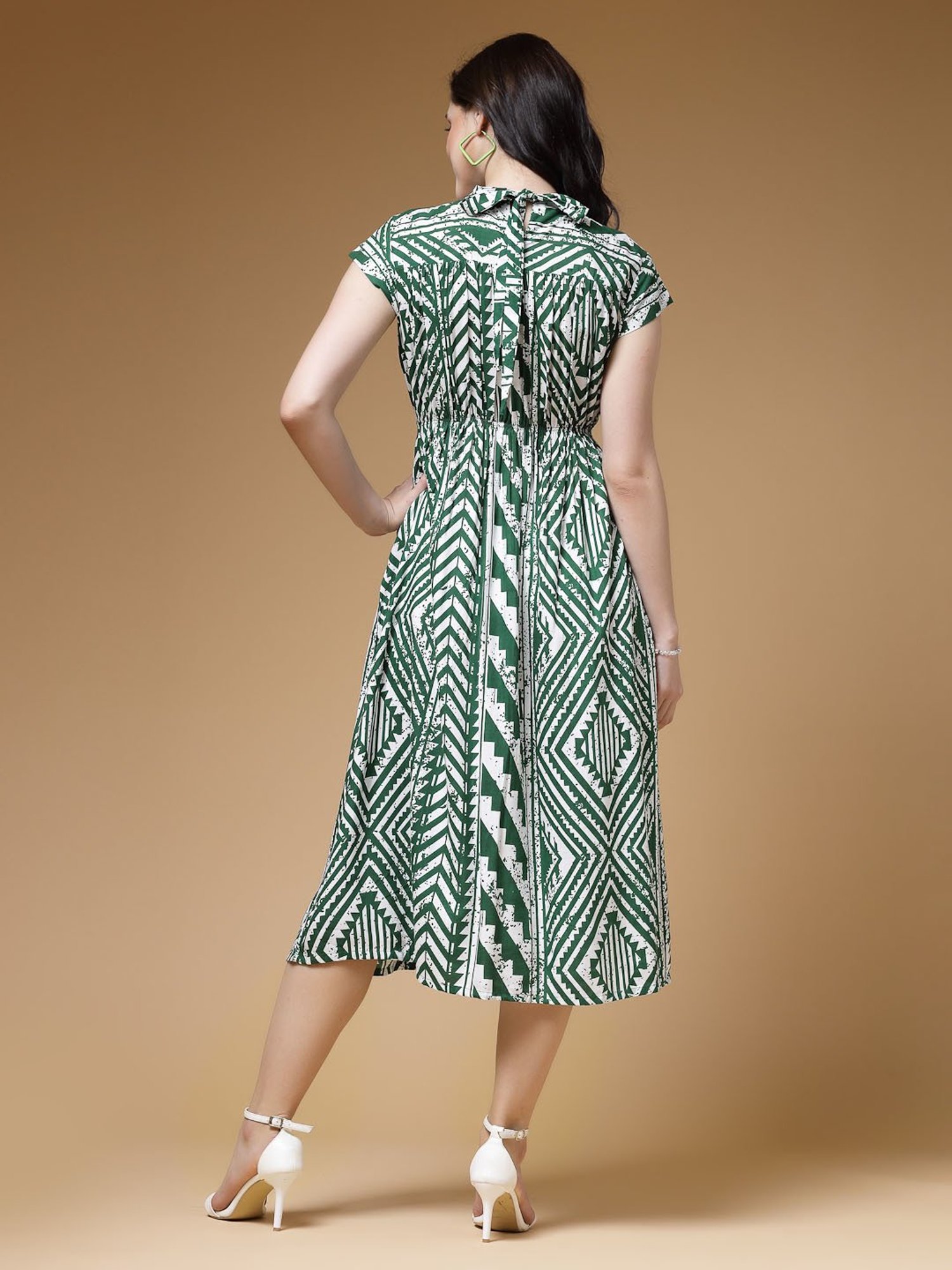 Indibelle Green Geometric Print Ethnic Dress