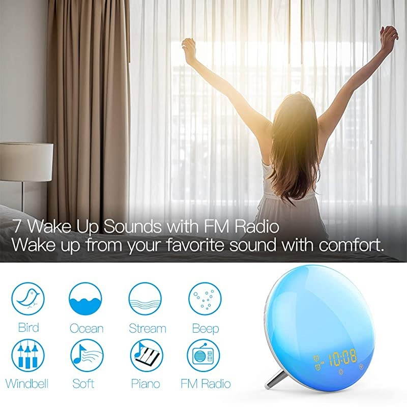 Smart Wake Up Light, WiFi Smart Sunrise/Sunset Simulation Alarm Clock, 2nd Generation Sleep Aid Digital Alarm Clock with 7 Colors/4 Alarms/FM Radio/Snooze Night Light ,Work with Alexa