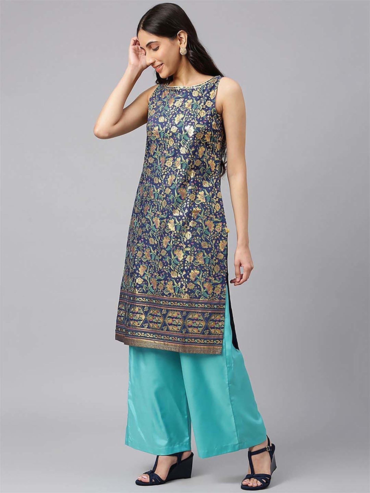 Aurelia Women Blue Floral Print Viscose Blend Kurta Set with Palazzos