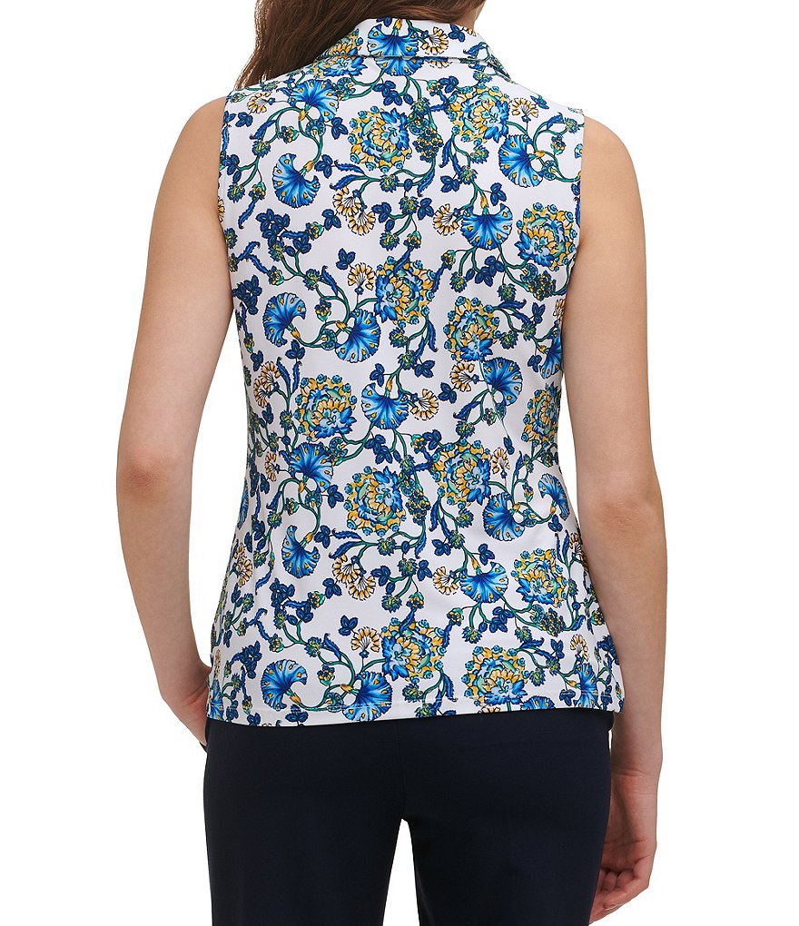 Tommy Hilfiger Floral Print Matte Jersey Point Collar Sleeveless Button Front Top