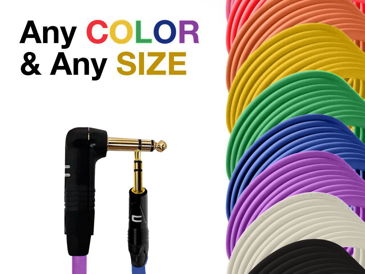 Right Angle 1/4" TRS to 3.5 Balanced Cable Custom Length, Color Stereo Connector