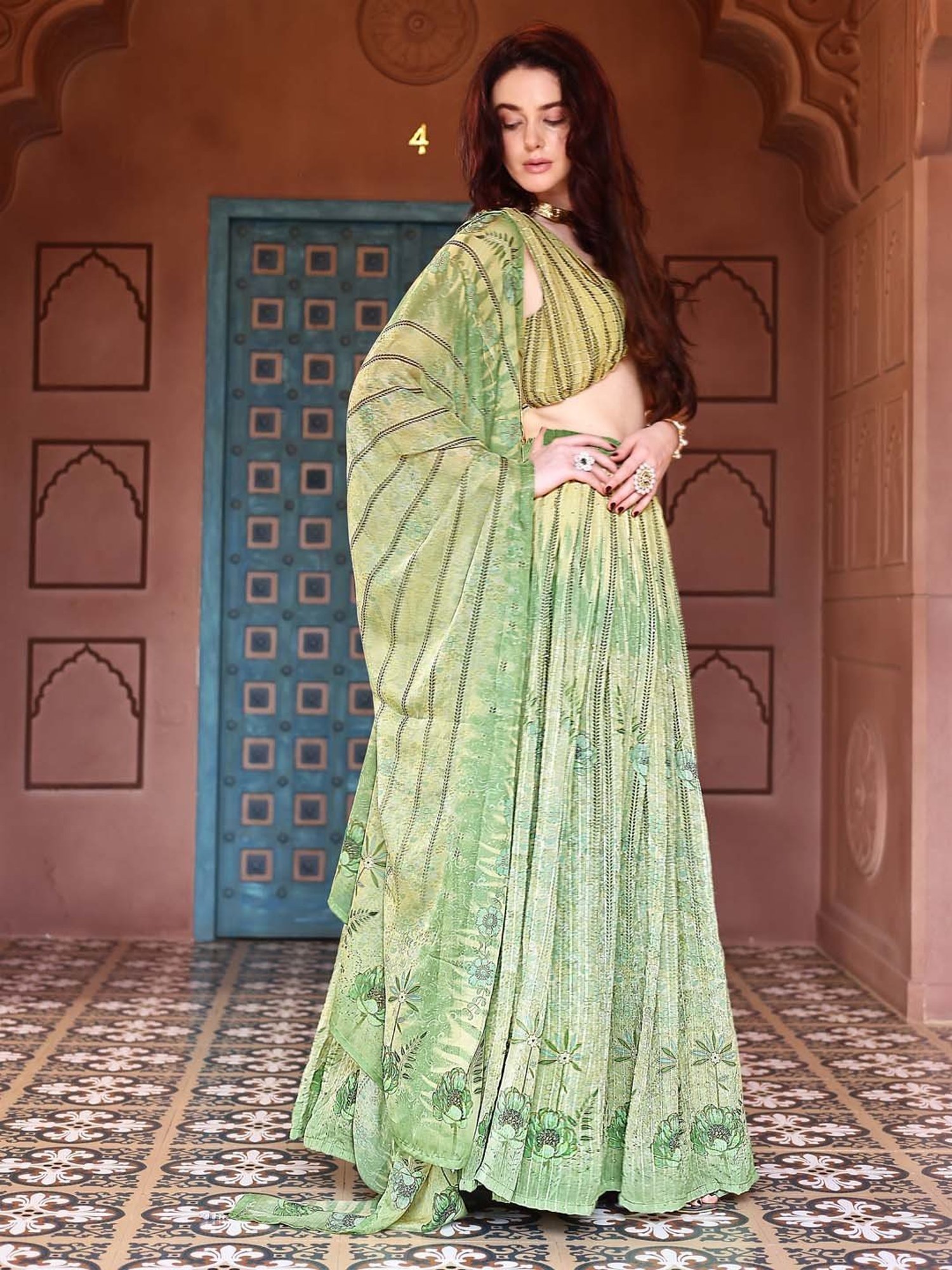 PURVAJA Parrot Green Printed Lehenga Choli Set With Dupatta