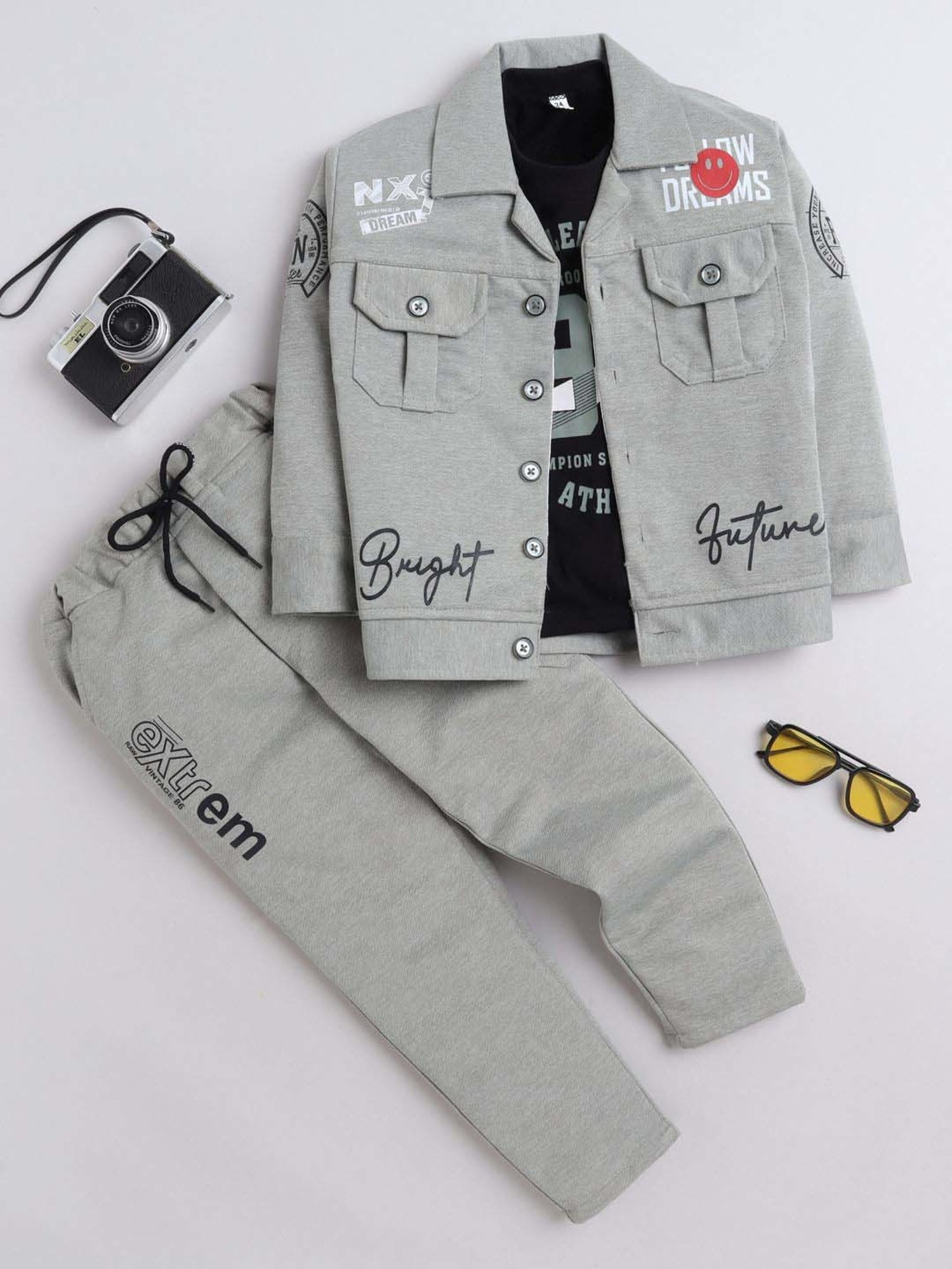 Fourfolds Boys Grey Printed Full Sleeves Clothing Set