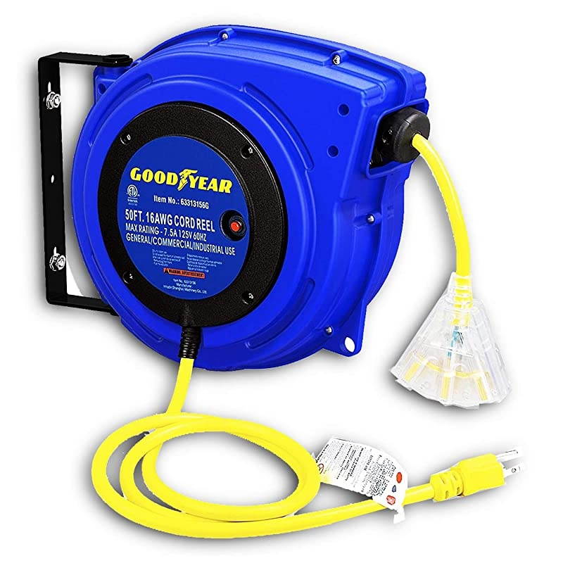 Extension Cord Reel Heavy Duty Polypropylene Long 16AWG x 50 FT 3C SJTOW Commercial Premium Grade Ultra Flexible Cable S3 LED Triple Tap Connector Great for Indoor amp Outdoor Use