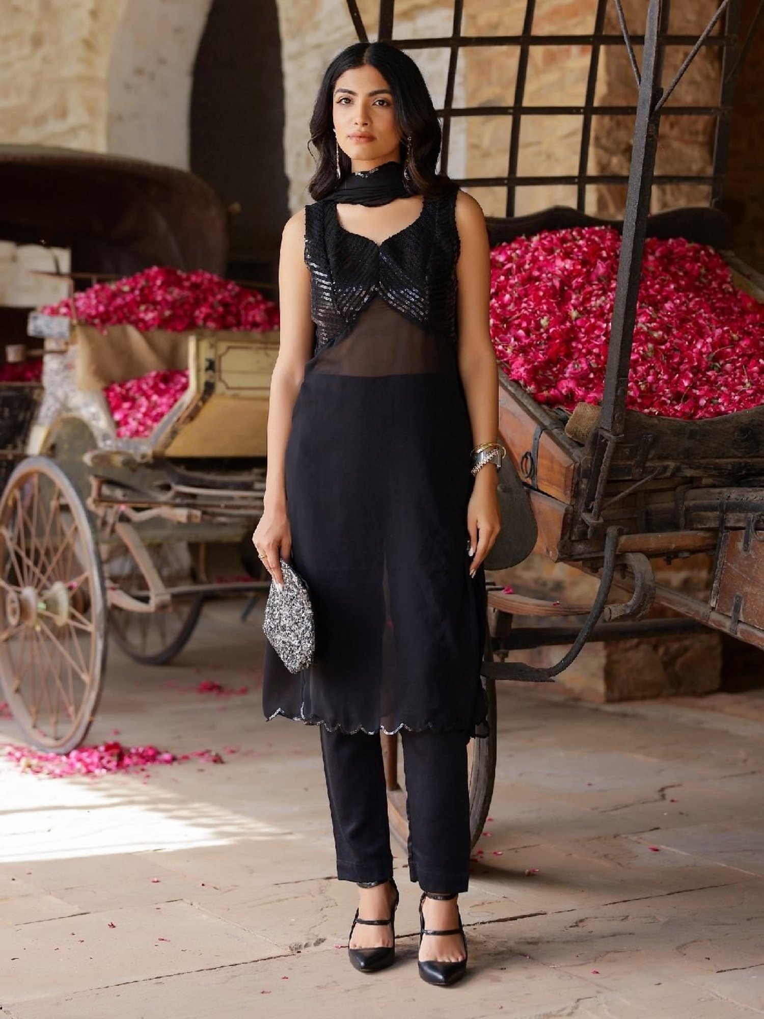 Gulaal Black Sequin Georgette Kurta and Pant with Dupatta