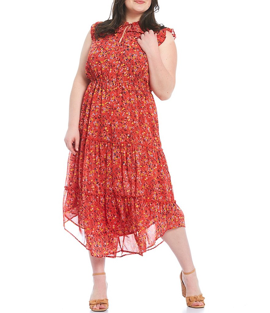 Jessica Simpson Plus Size Katie Floral Print Ruffle Split Tie Neckline Tiered Dress