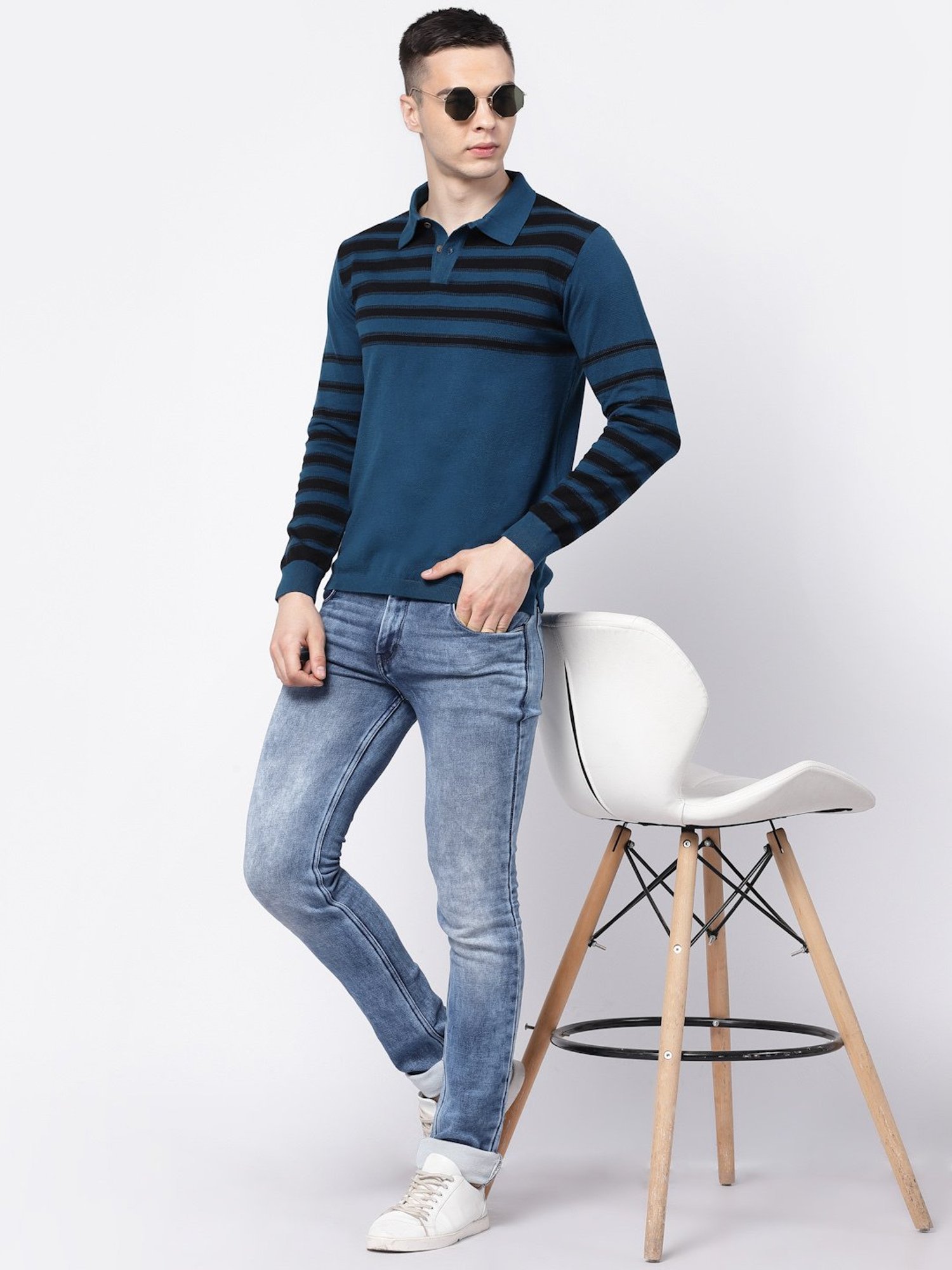 Kalt Teal & Black Regular Fit Striped Polo T-Shirt