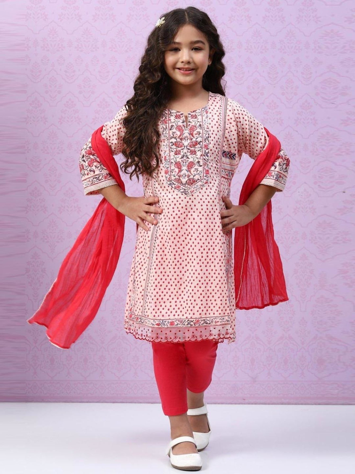 Biba Kids Peach & Red Cotton Printed Kurta Set