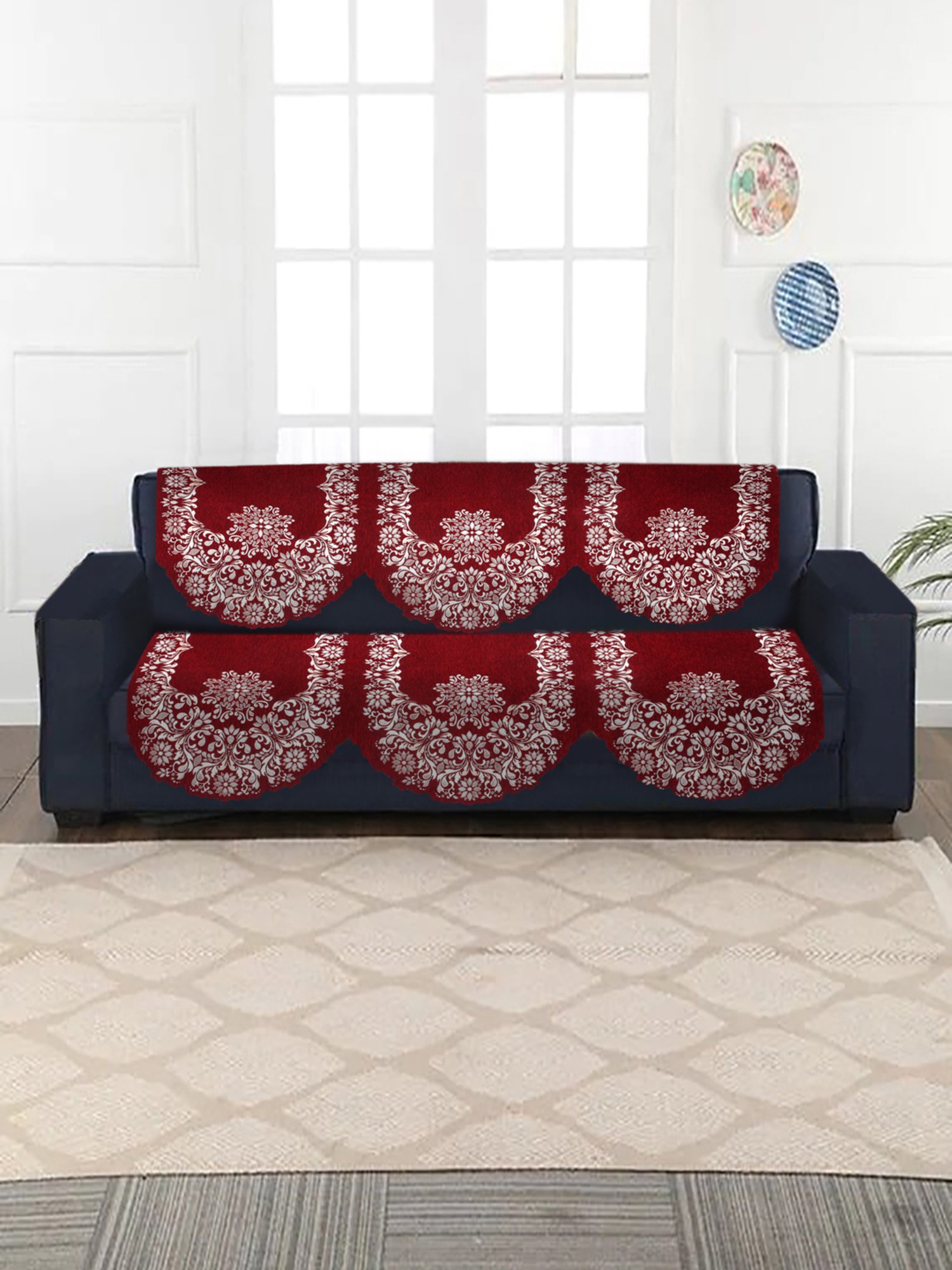 HOSTA HOMES Woven Maroon & White 5 Seater Without Arm Rest Sofa Cover