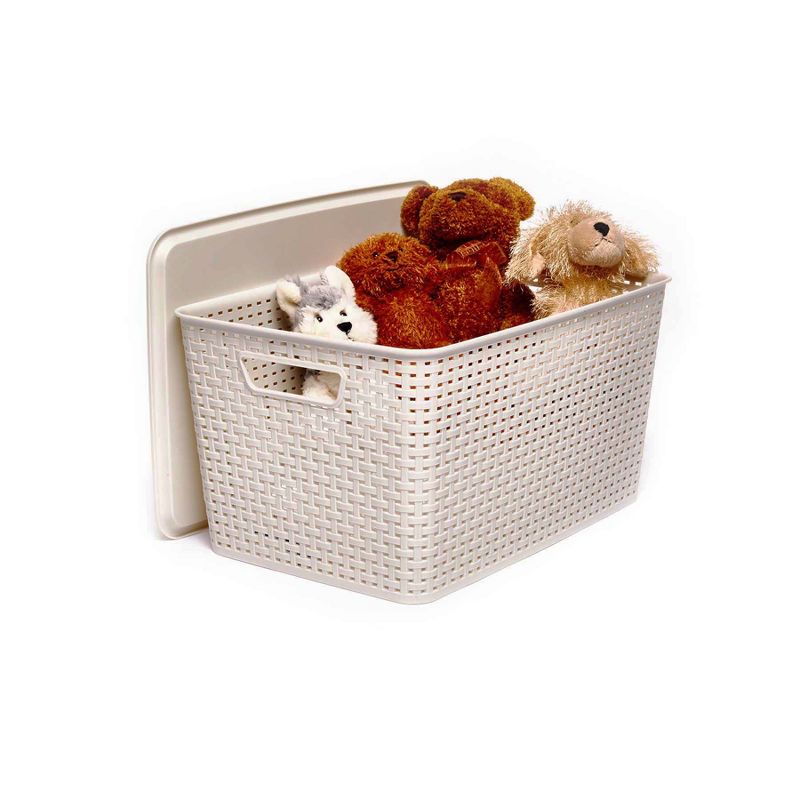 Homz 2211007 Large Plastic Heavy Duty Woven Storage Basket Bin with Matching Lid, Cream (12 Pack)