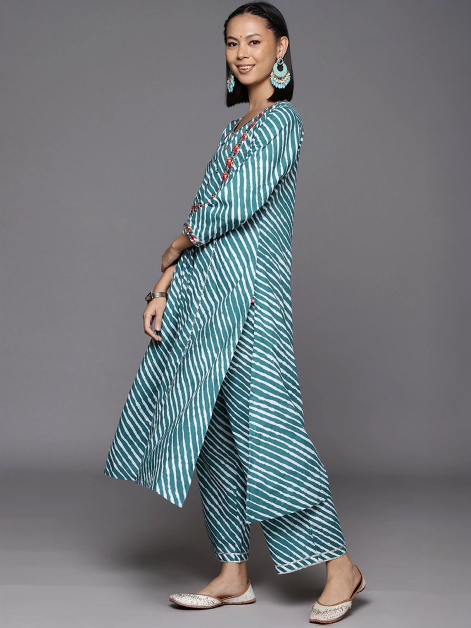 Varanga Turquoise Cotton Striped Kurta Palazzo Set With Dupatta