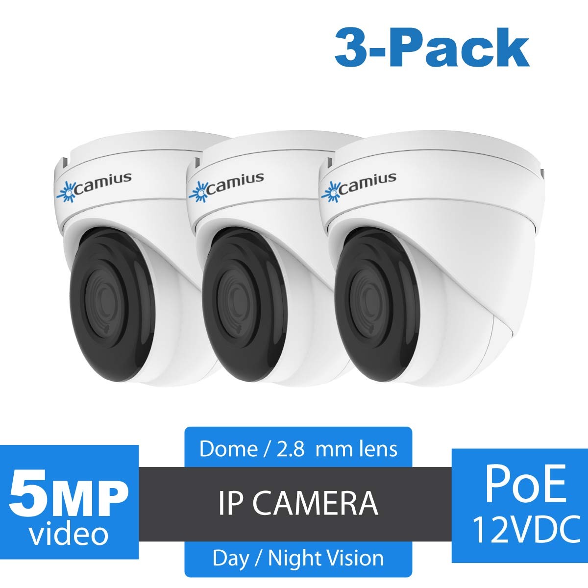 3 camera pack Camius PoE IP Dome Security Camera, Wide Angle 2.8mm Lens, Built-in microphone for audio, 100ft Night Vision, Metal Dome, Onvif, RTSP, DDNS, P2P, FTP, PC Mac Mobile compatible-IRIS528A