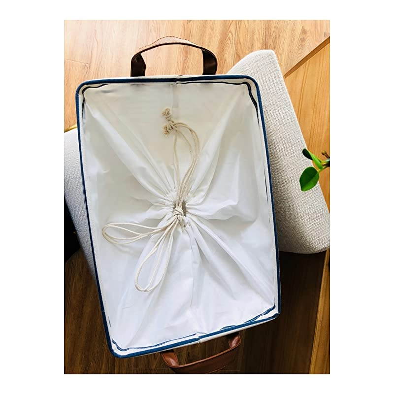 15Inches Large Storage Basket Available 15 and 17 InchesWidth Drawstring Square Cotton Linen Collapsible Toy Basket Navy Blue M