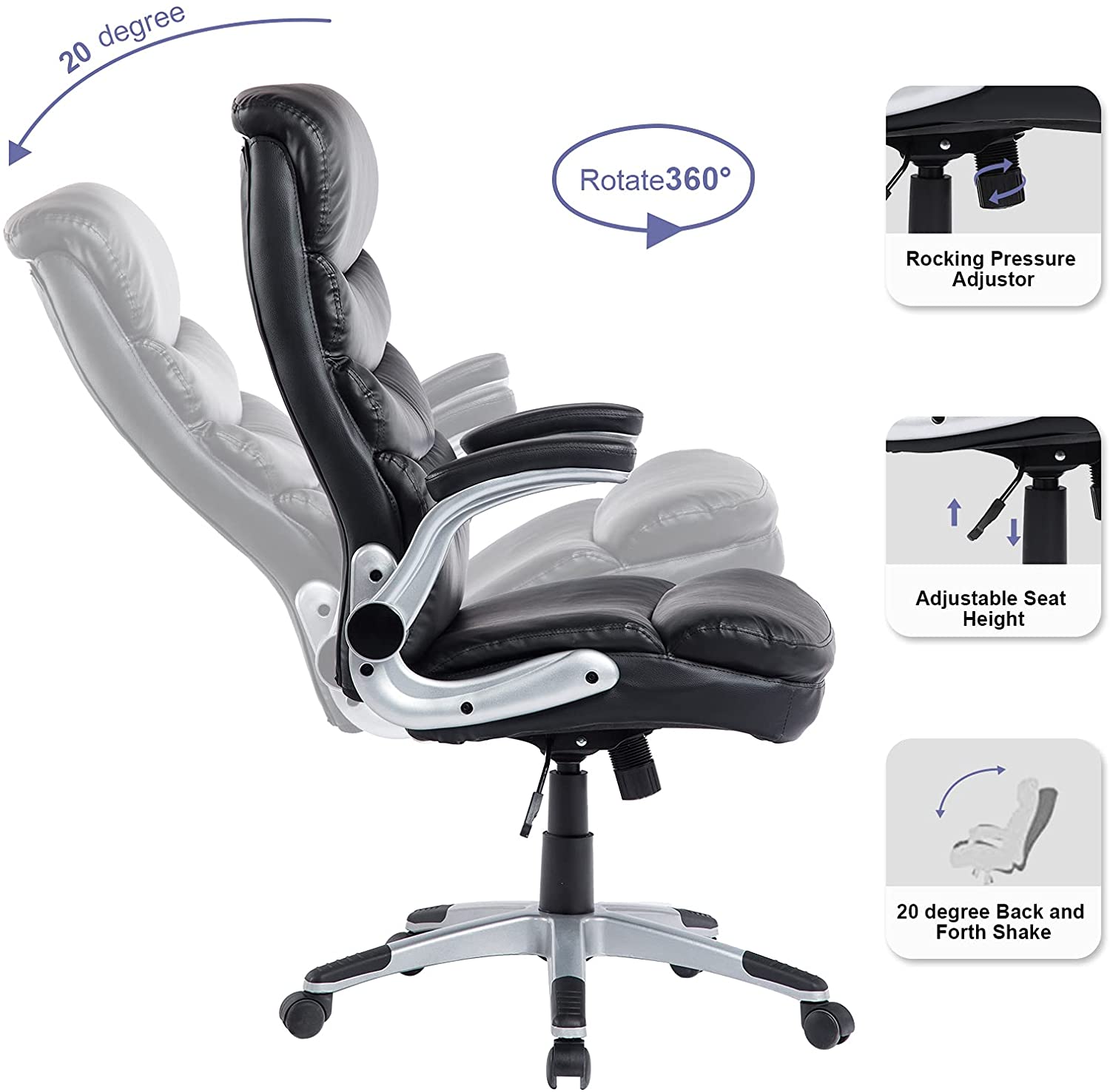 Executive Office Chair Ergonomic Leather Desk Chair with Flip-up Arms Double Padded Seat Cushion and Adjustable Tilt Angle Lumbar Support Office Chair for Home Office Work