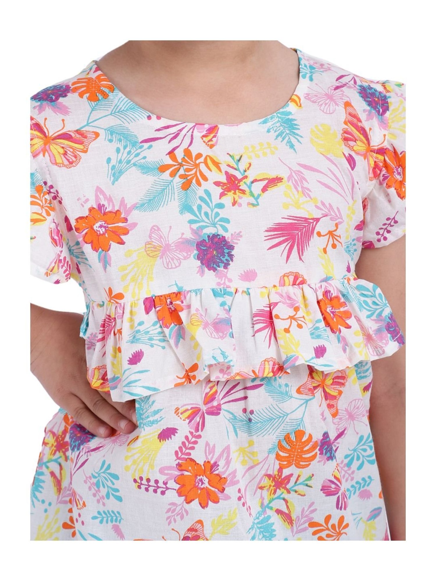 BownBee Kids Blue & White Cotton Floral Print Kurta & Harem Pants