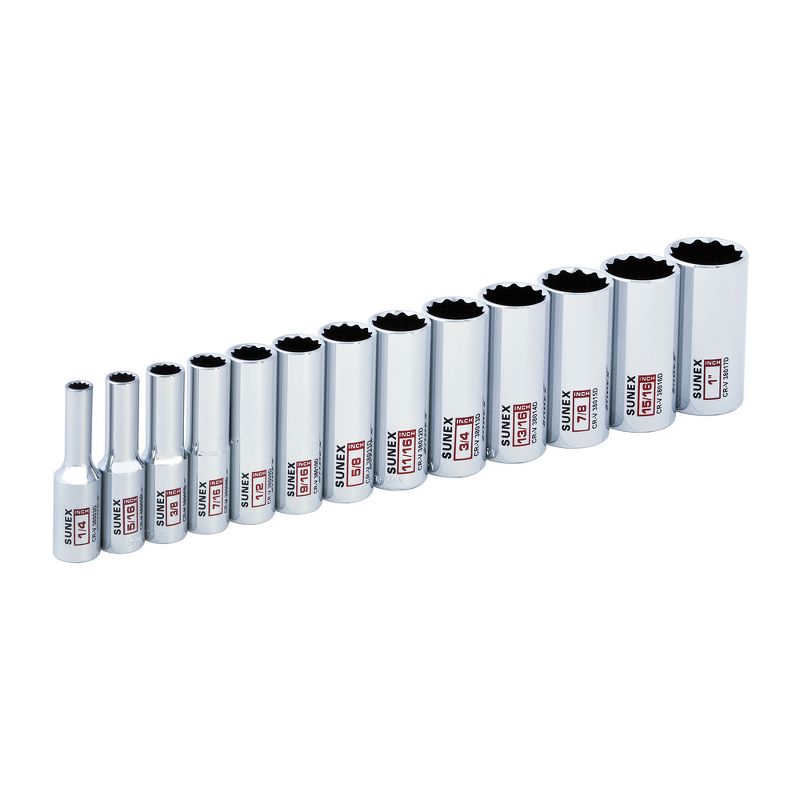 Sunex 38001D 13 Pc 3/8 in. Drive Deep Socket Set-SAE 12 Pt Rail