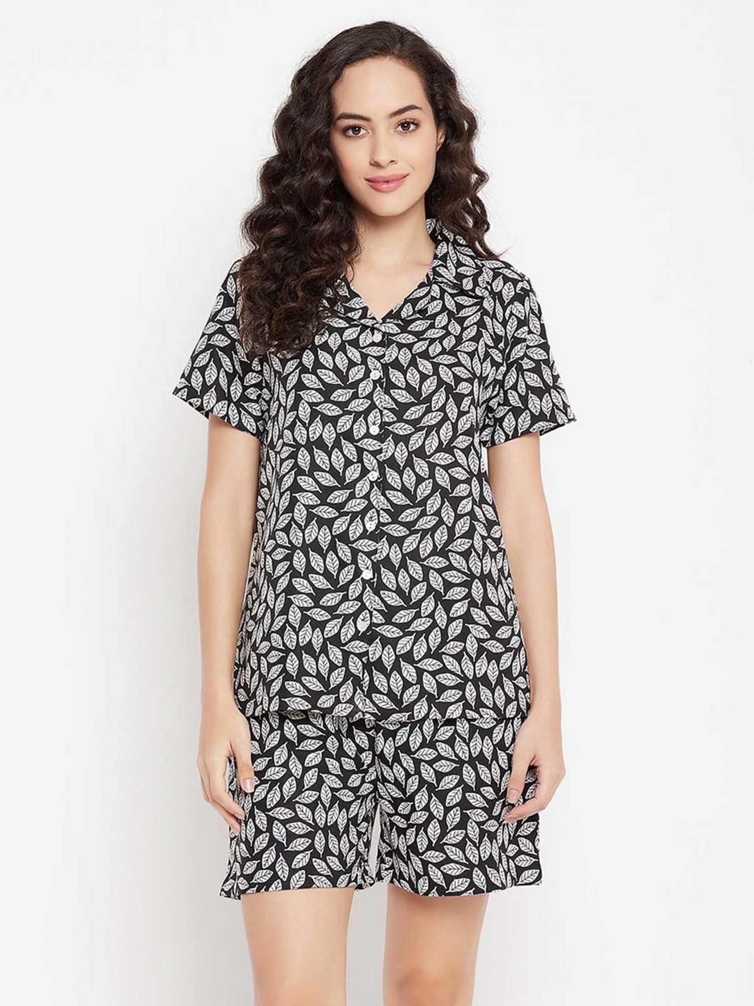 Clovia Black Printed Shirt With Shorts