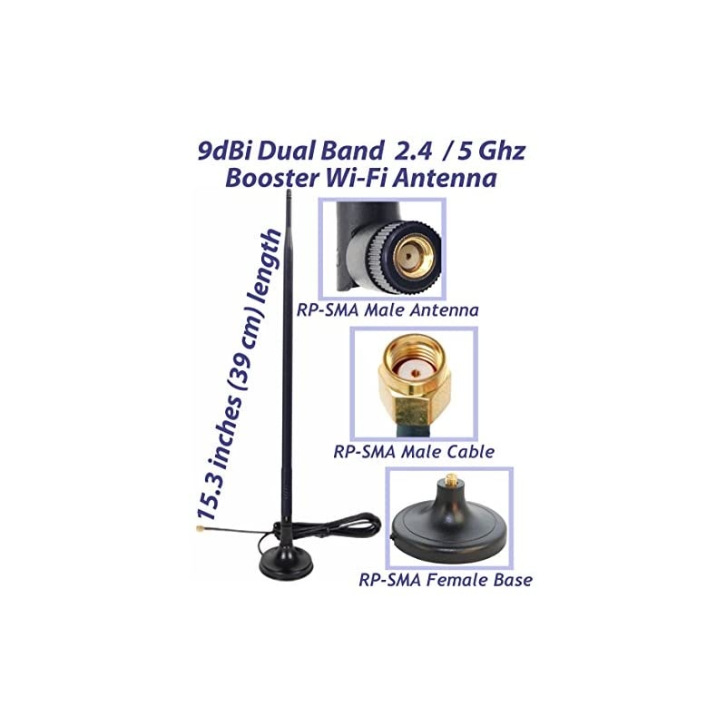 Band Wi-Fi 9dbi Gain Extension Long Range Omni Directional 2.4/5Ghz 802.11a/b/g/n/ac Antenna with RP-SMA Male Connector on Magnetic Base with 1.65 ft/19.5 inches/50cm RG174 Coaxial Low Loss Cable