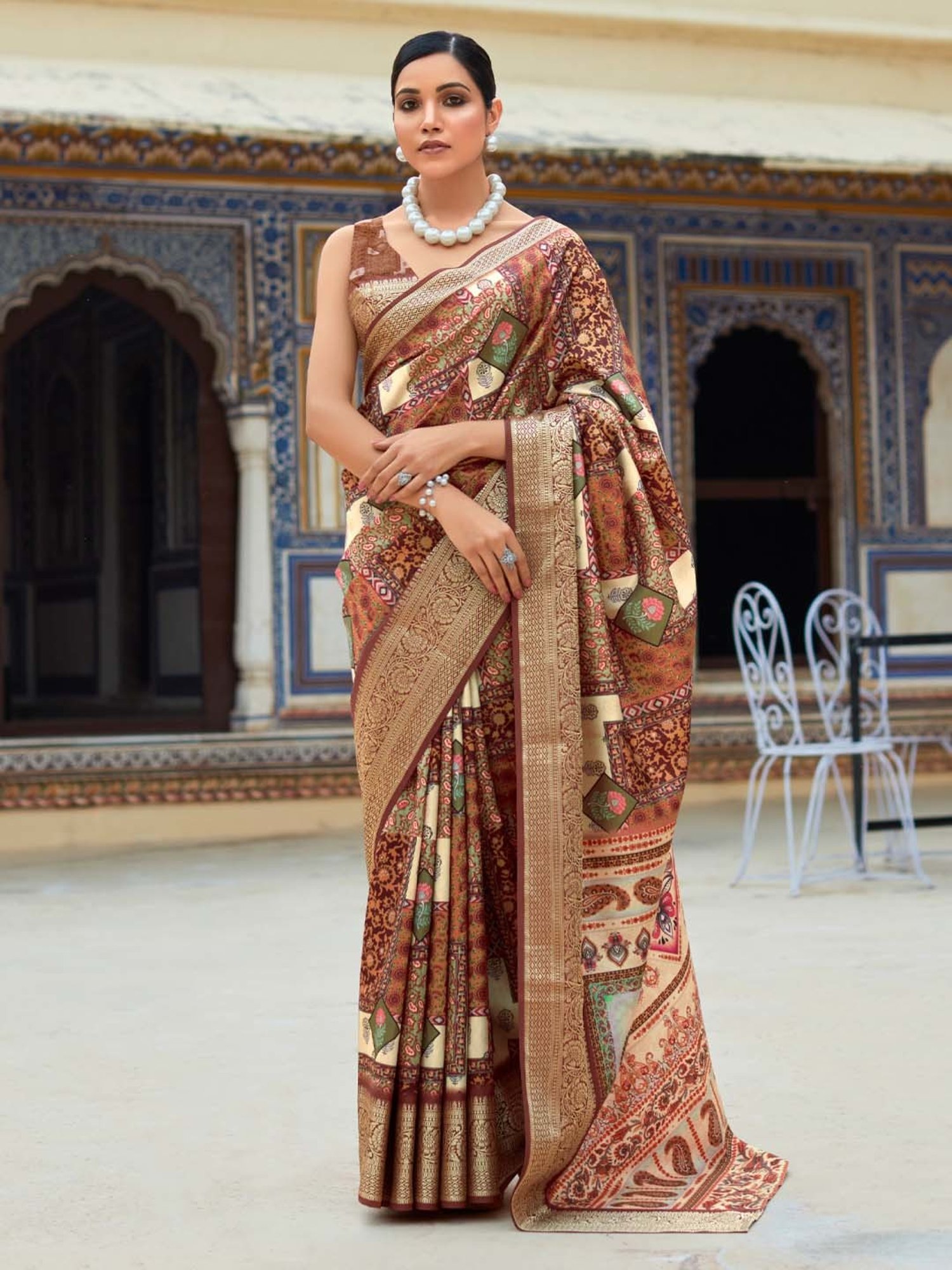 Saree Mall Beige Silk Printed Saree With Unstitched Blouse