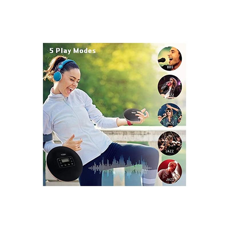 Bluetooth Portable CD Player Built-in 1000mah Lithium Battery for Home Travel and Car with Stereo Headphones, Anti Shock Protection - Black