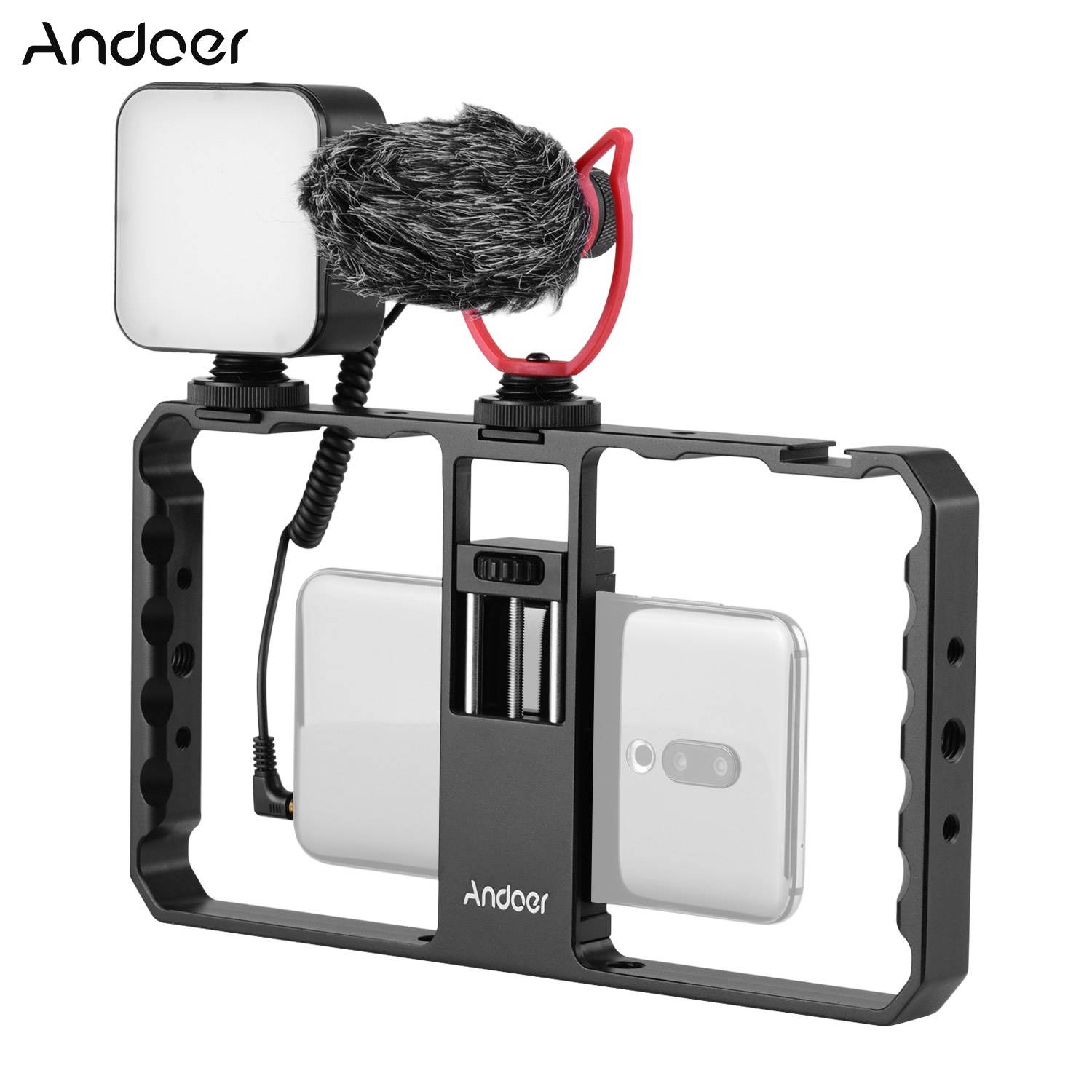 Andoer Smartphone Video Rig Grip with Rig LED Light Microphone with Shock Mount for Vlog Film-making Compatible with iPhone Samsung HUAWEI