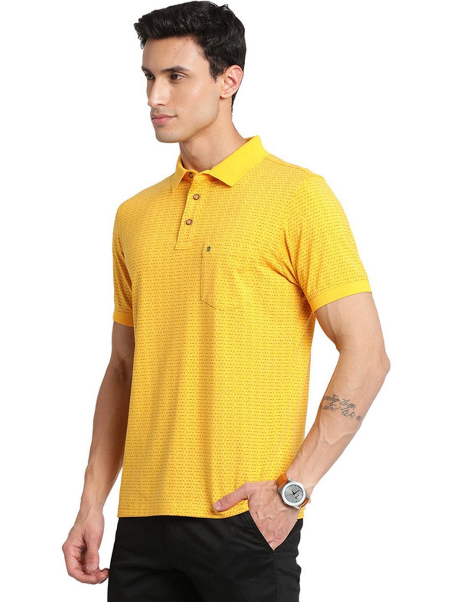 Turtle Yellow Cotton Slim Fit Printed Polo T-Shirts