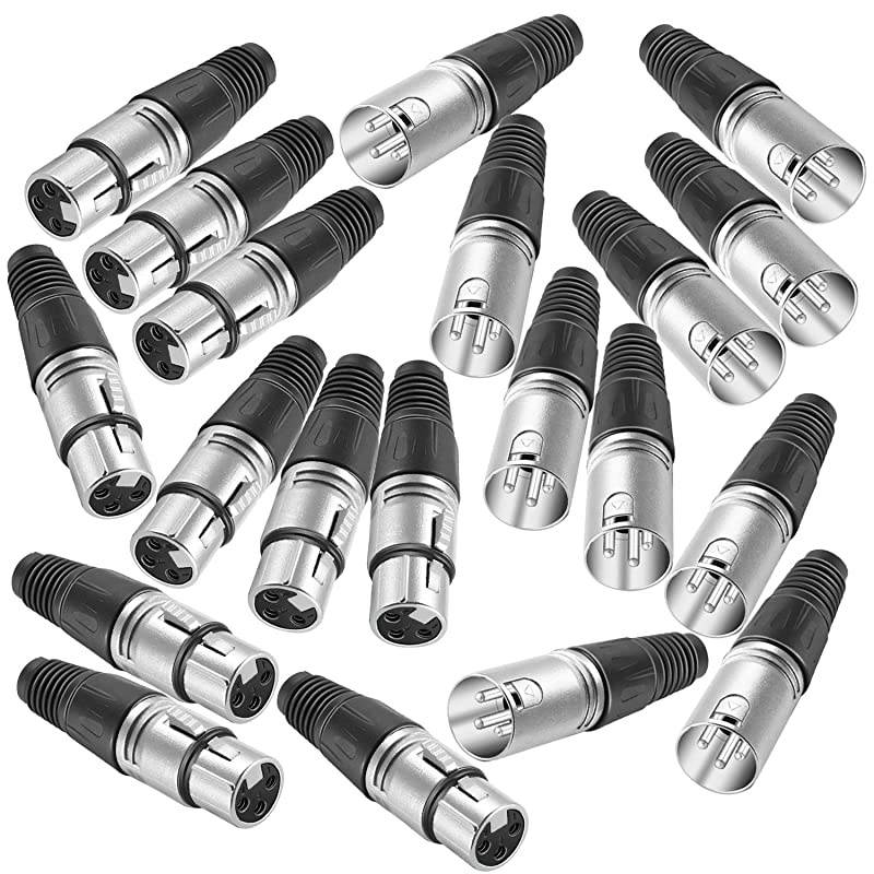 20Piece 3 Pin XLR Solder Type Connector 10 Male and 10 Female Plug Cable Connector Microphone Audio Socket Made of Zinc Alloy for High Conductivity and Ultralow Noise Metal End