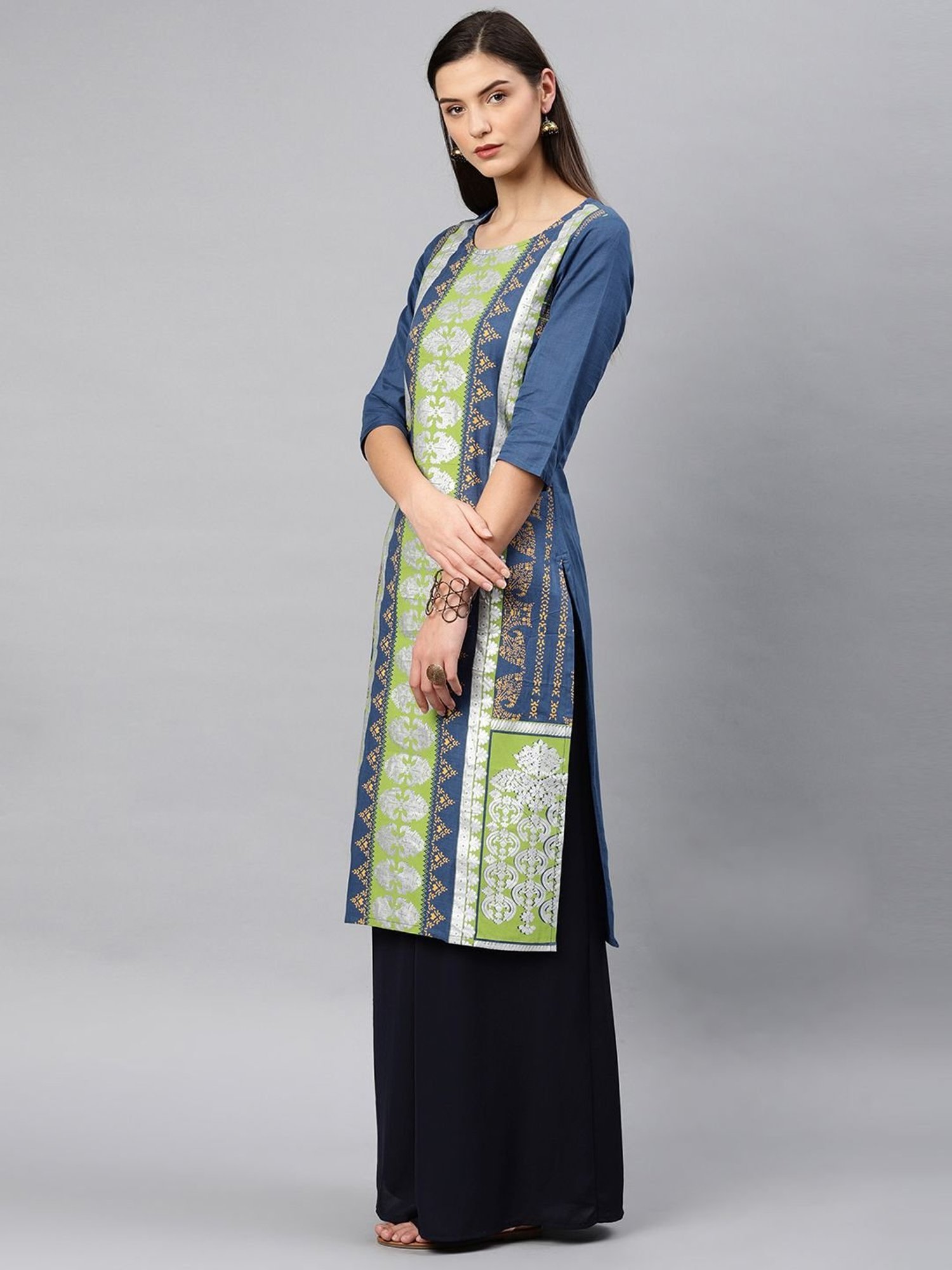 Alena Blue Cotton Printed Straight Kurta