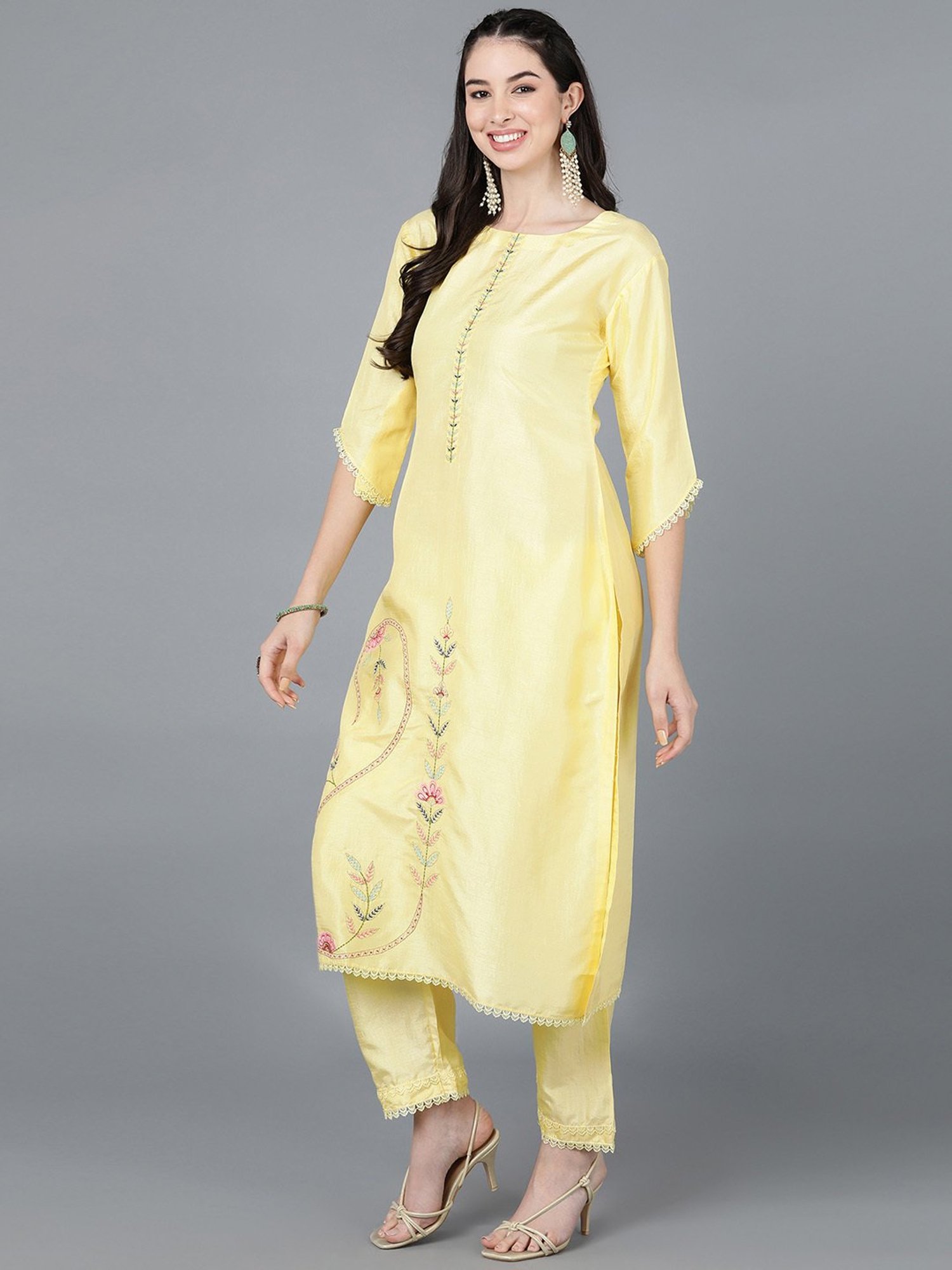 Vaamsi Yellow Embroidered Kurta Pant Set With Dupatta