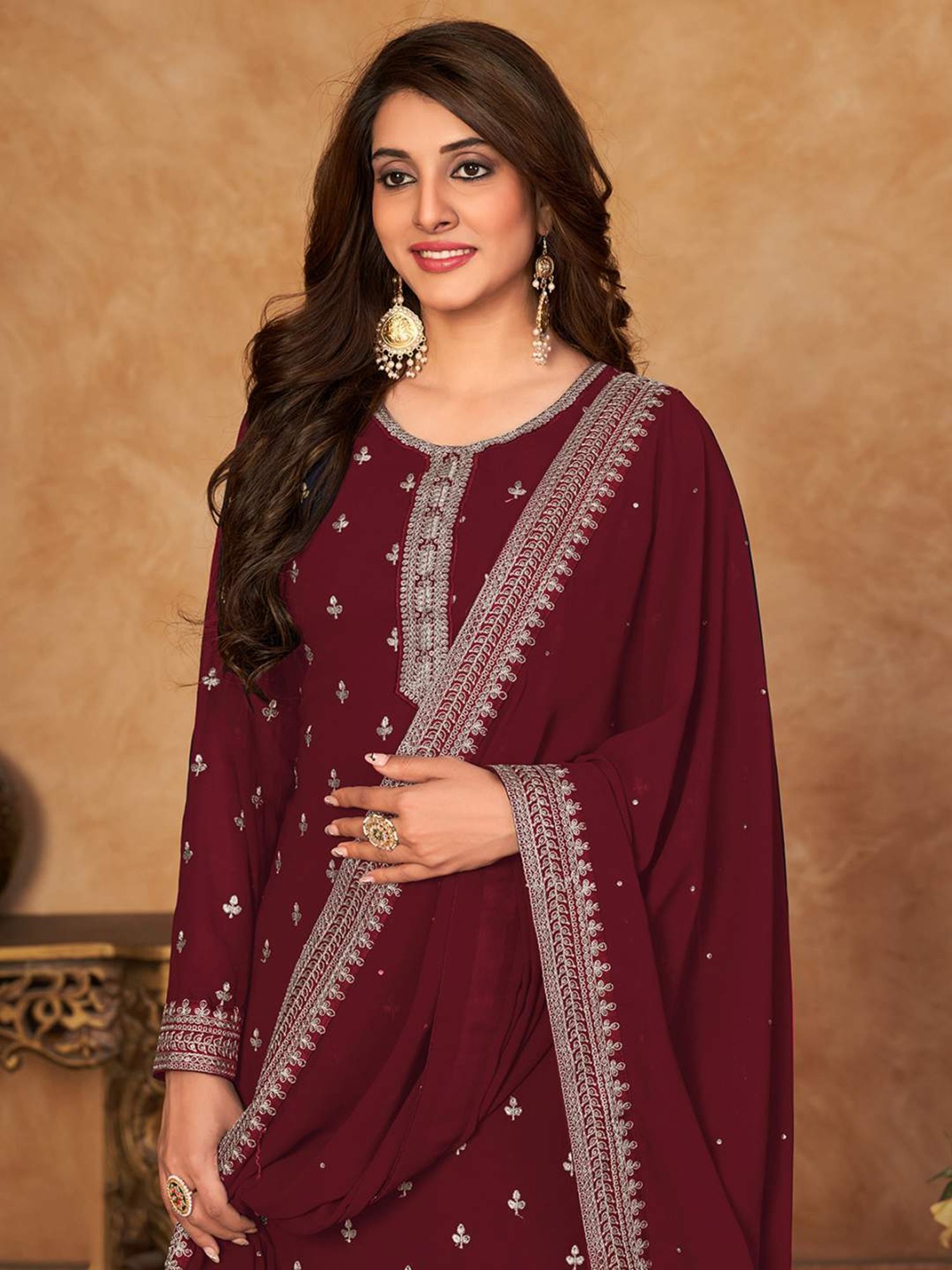 Odette Maroon Embroidered Unstitched Dress Material