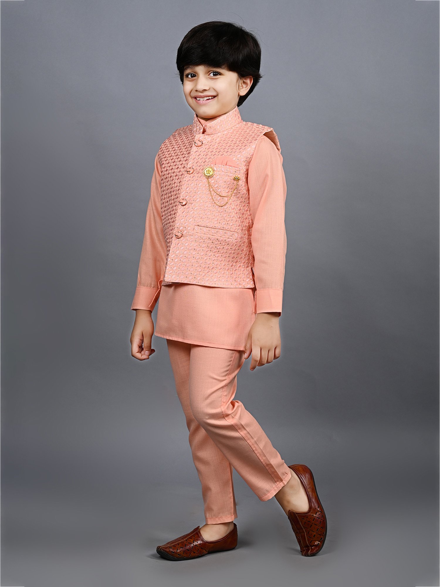 Ahhaaaa Kids Peach Embellished Full Sleeves Sherwani, Jacket & Pyjamas