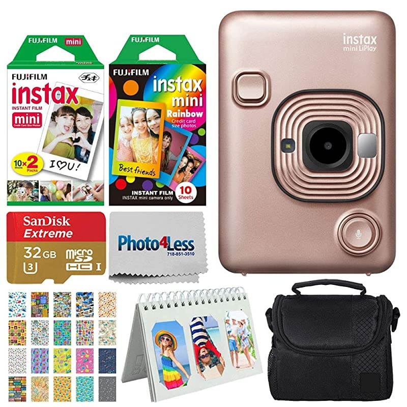Instax Mini LiPlay Hybrid Instant Camera (Stone White) + Instant Film (20 Shots) + Rainbow Film (10 Shots) + 32GB microSDHC + Case + Scrapbooking Album + 20 Sticker Frames Travel Package
