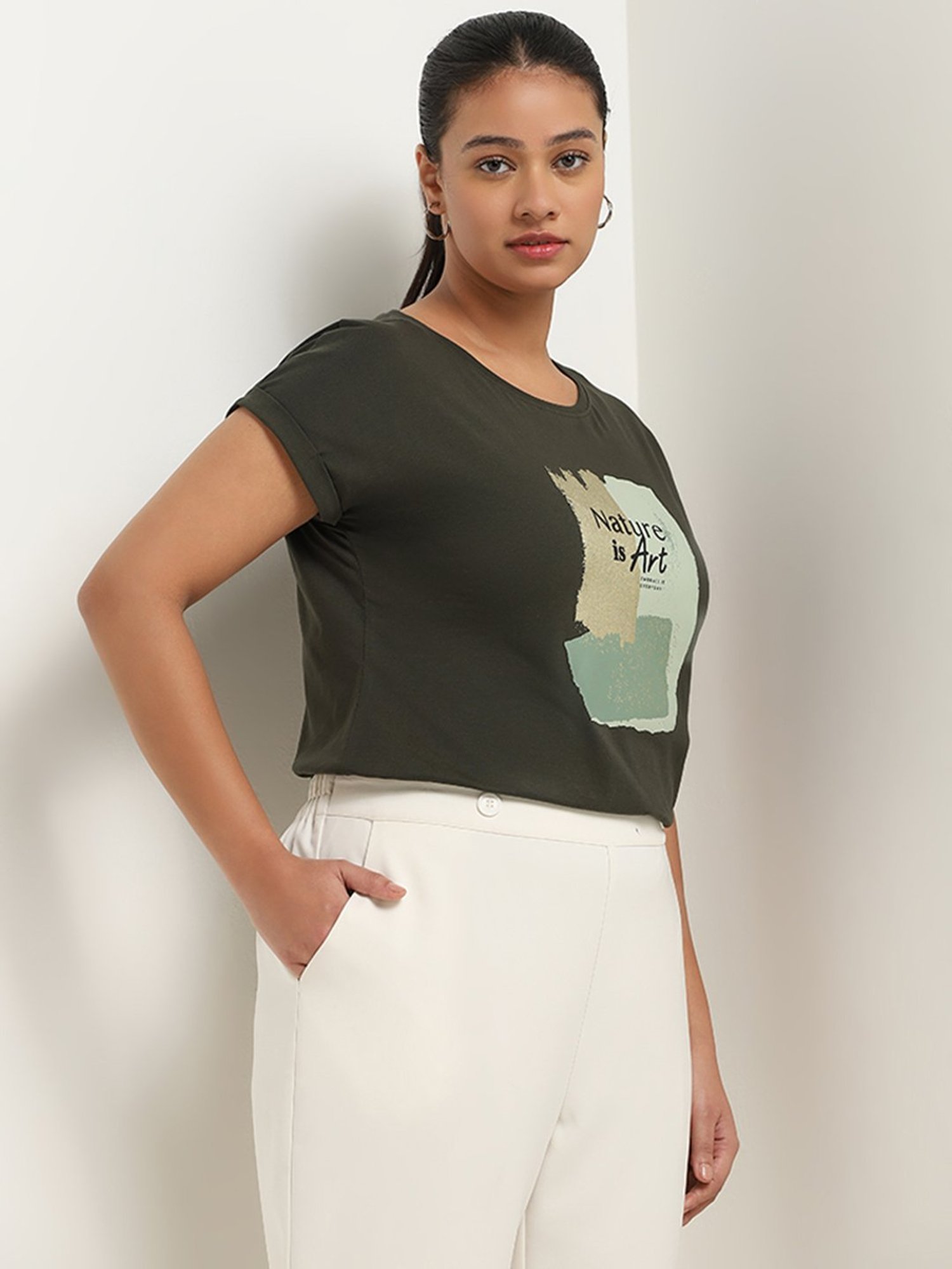 Gia by Westside Olive Text Printed T-Shirt