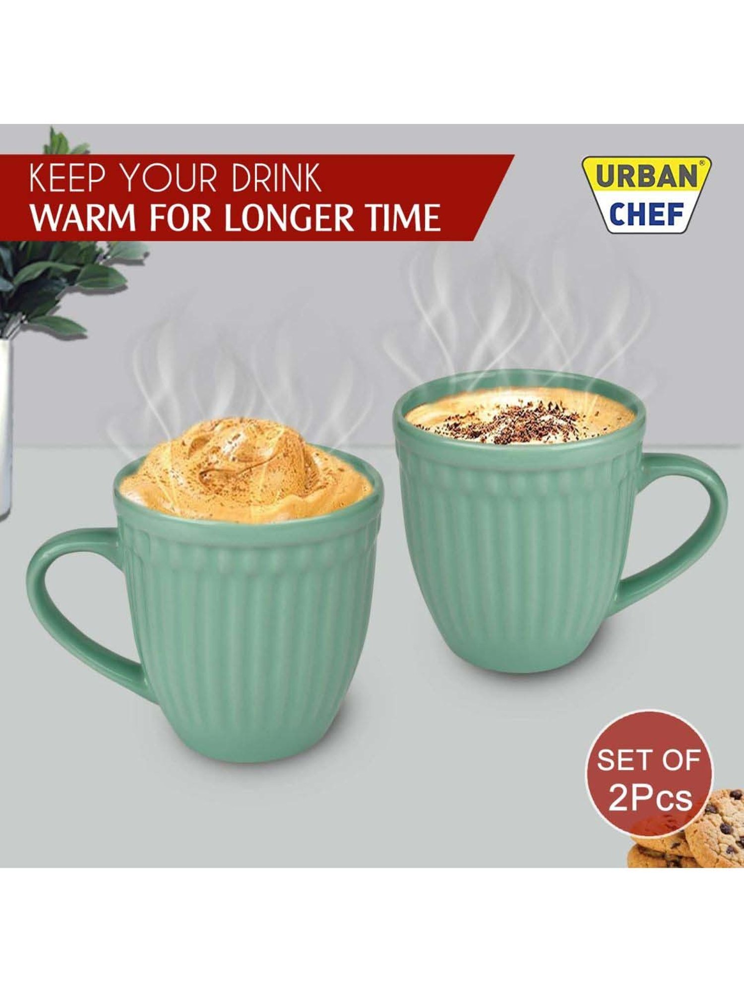 Urban Chef Green Ceramic Handcrafted Microwave Safe Tea Cup - Set of 2