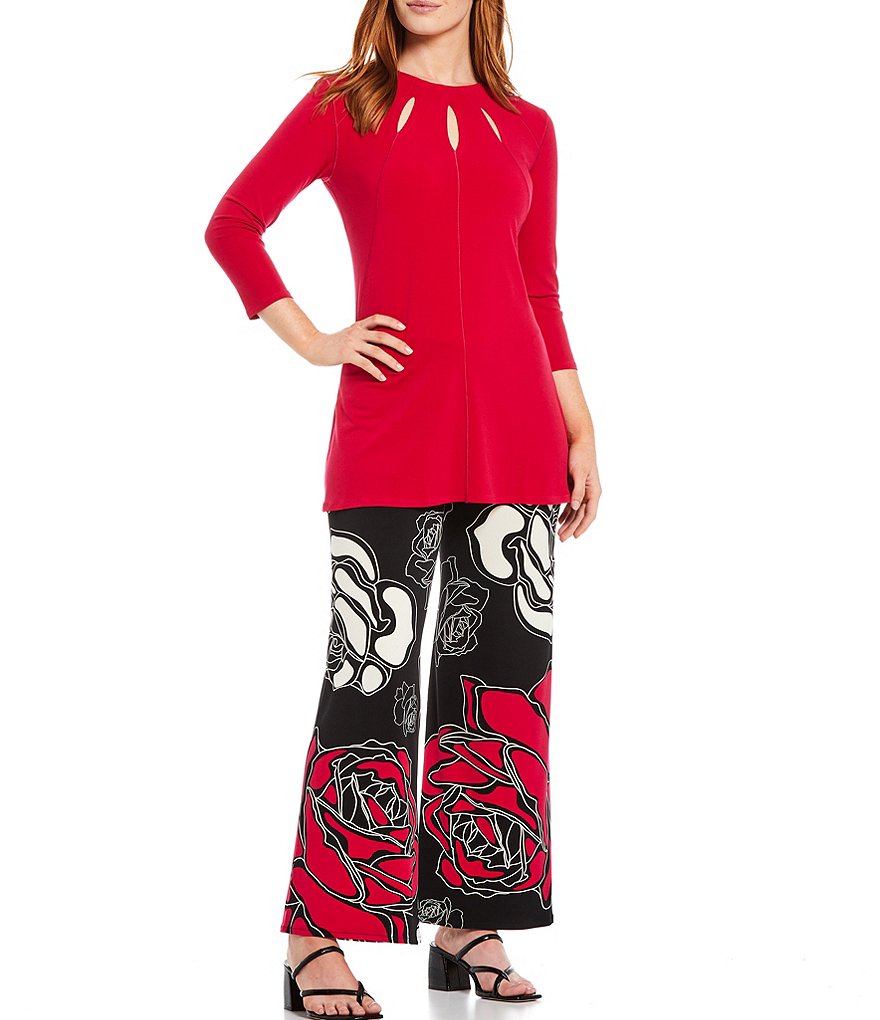 Eva Varro Sketched Rose Print Knit Wide-Leg Pull-On Pants