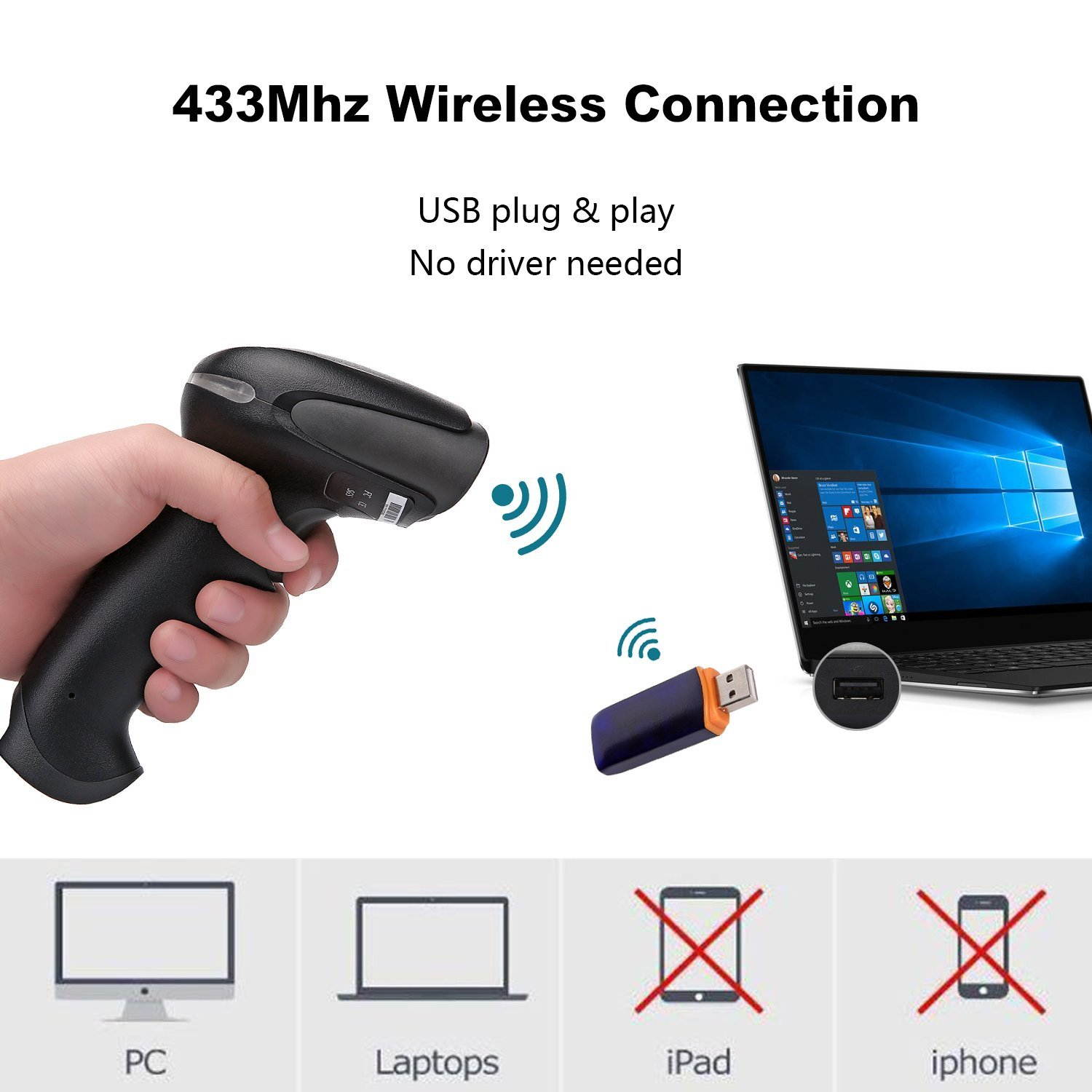 Barcode Scanner 433Mhz Wireless Handheld Barcode Reader Long Transmission Distance Laser Bar Code Scanner With USB Receiver For Store,Supermarket,Warehouse