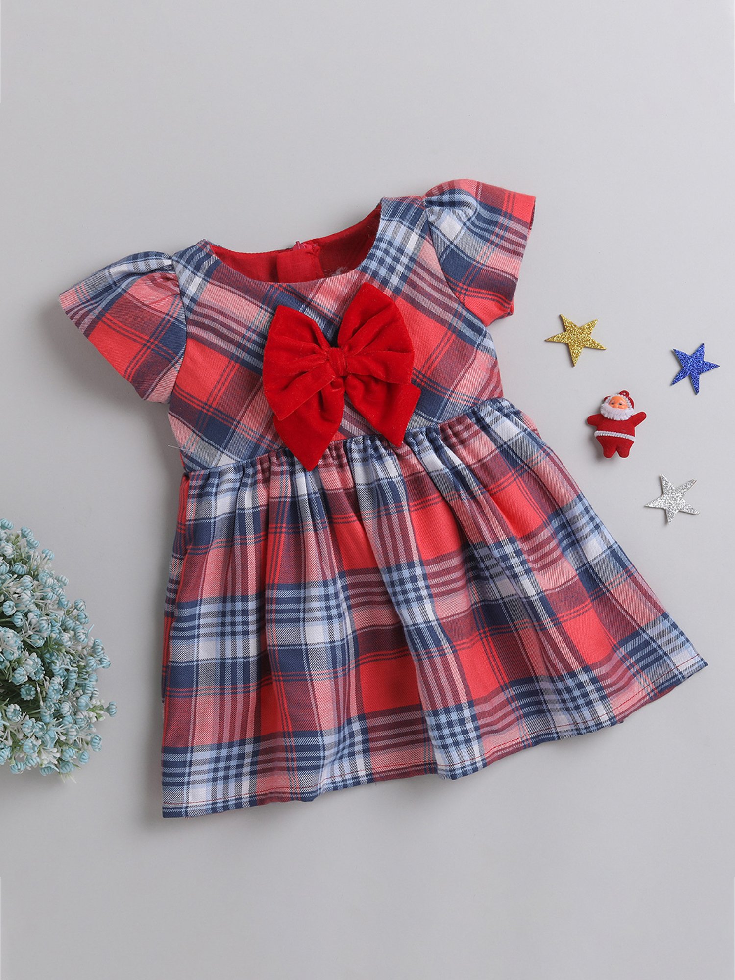 Many Frocks Kids Maroon & Blue Checks Dress