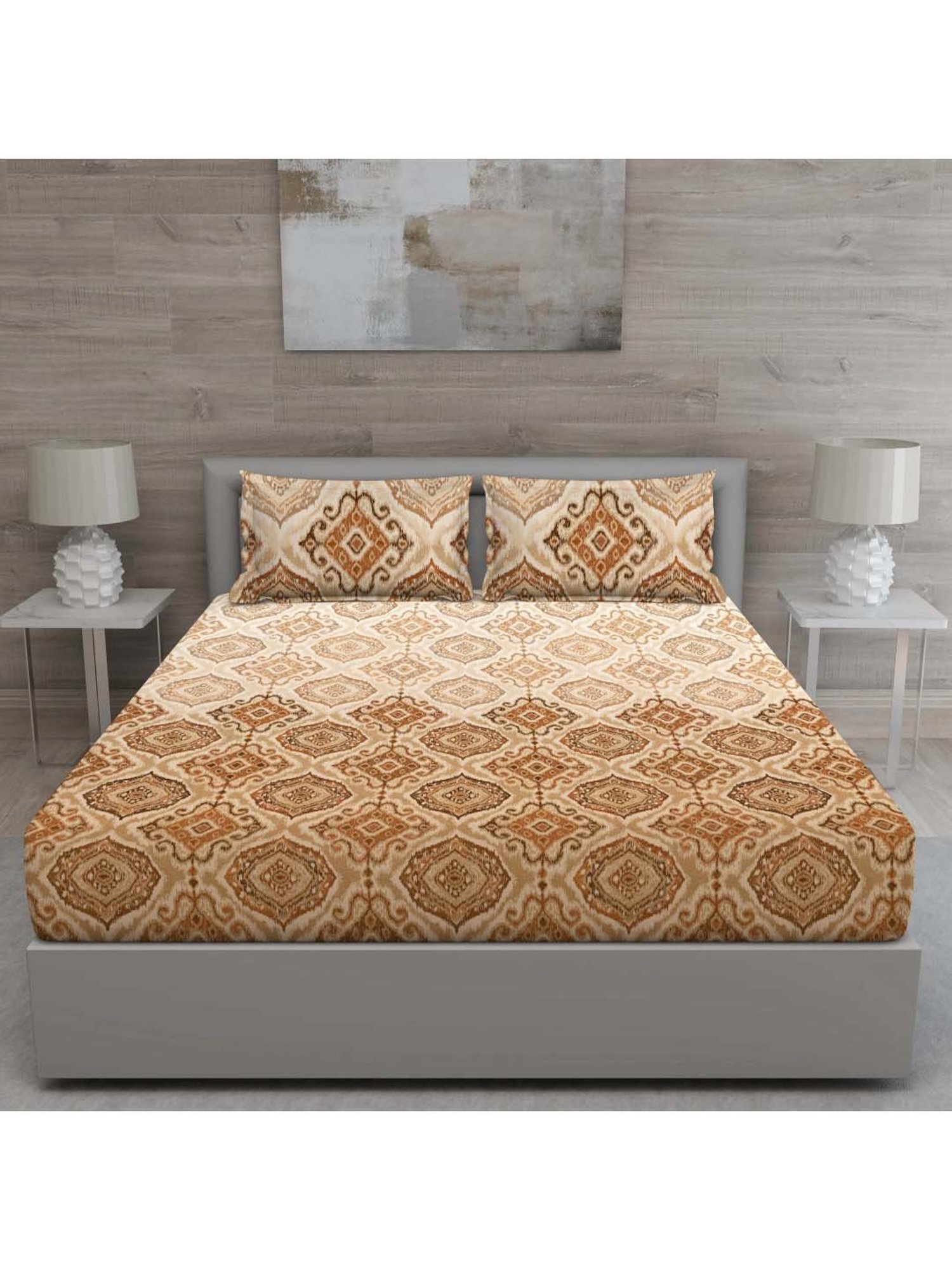 GM 'Matthiola' Brown Cotton 150 TC Double Bedsheet with 2 Pillow Covers