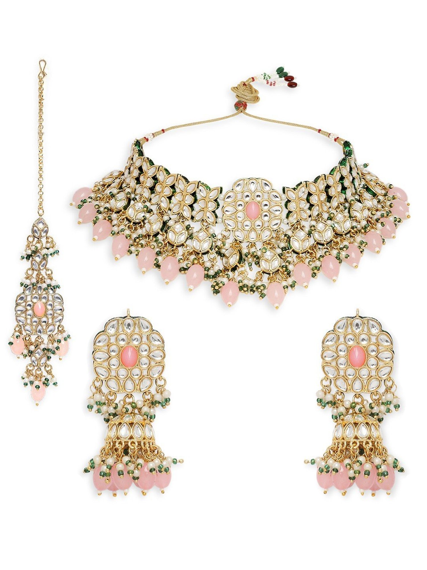 Oomph Pink Jadau Ethnic Necklace, Earring & MaangTikka Set