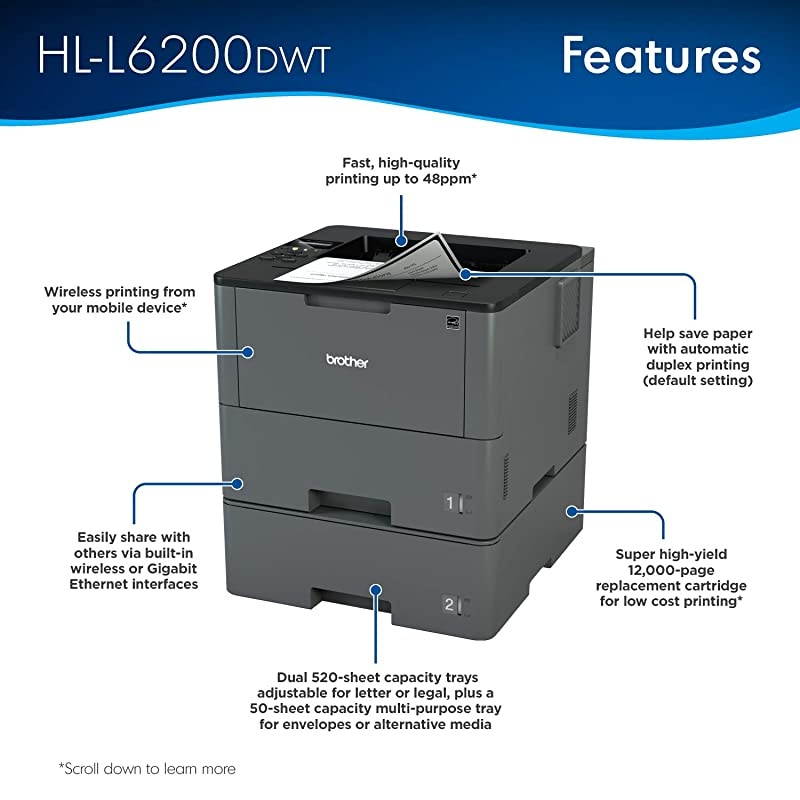 HL-L6200DWT Wireless Monochrome Laser Printer with Duplex Printing and Dual Paper Trays ( Dash Replenishment Ready)