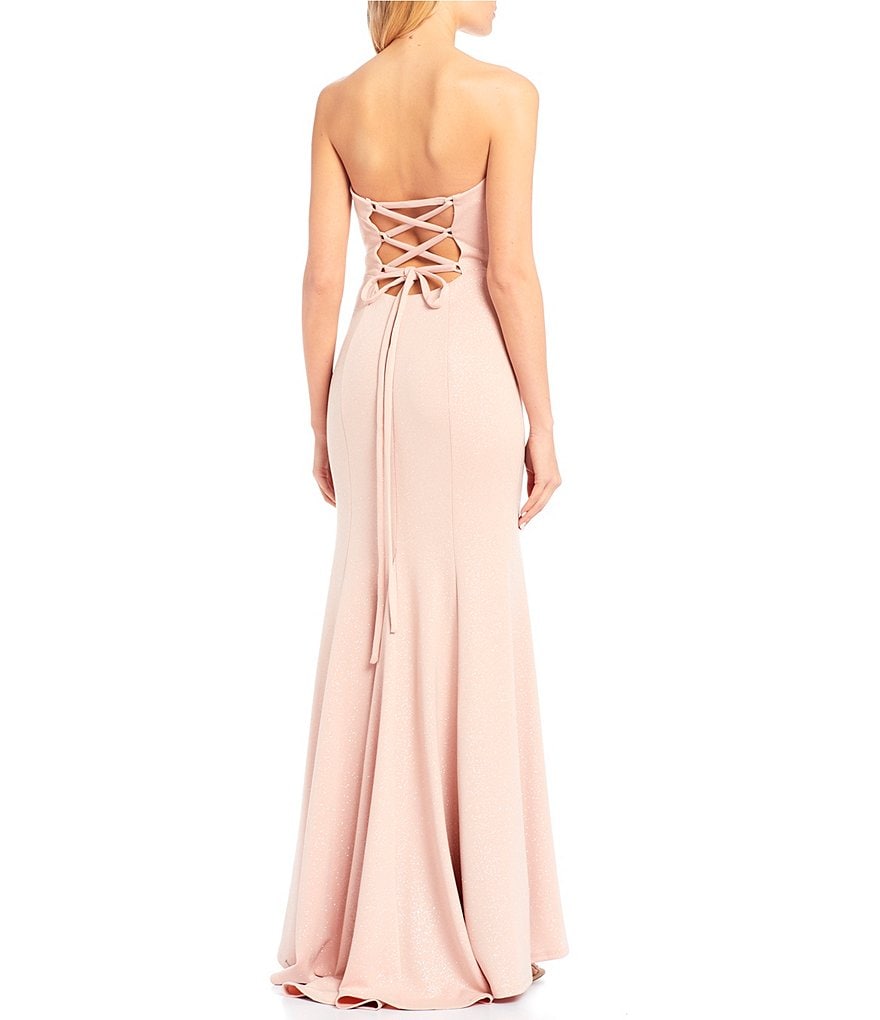 Jump Strapless Lace-Up Back Side Slit Glitter Scuba Slim Long Dress